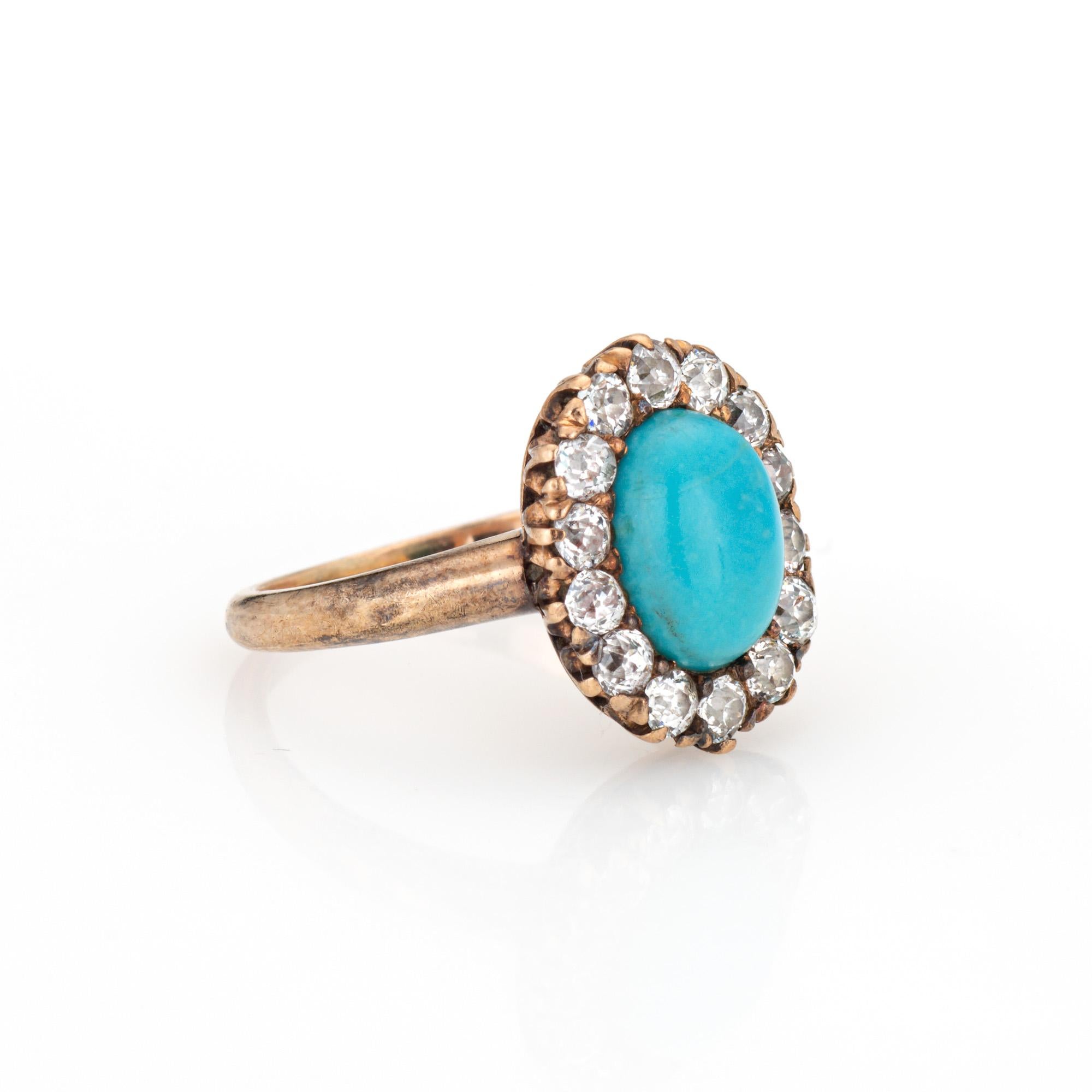 Old Mine Cut Antique Victorian Ring Turquoise Mine Cut Diamond Cluster 14k Yellow Gold Halo For Sale