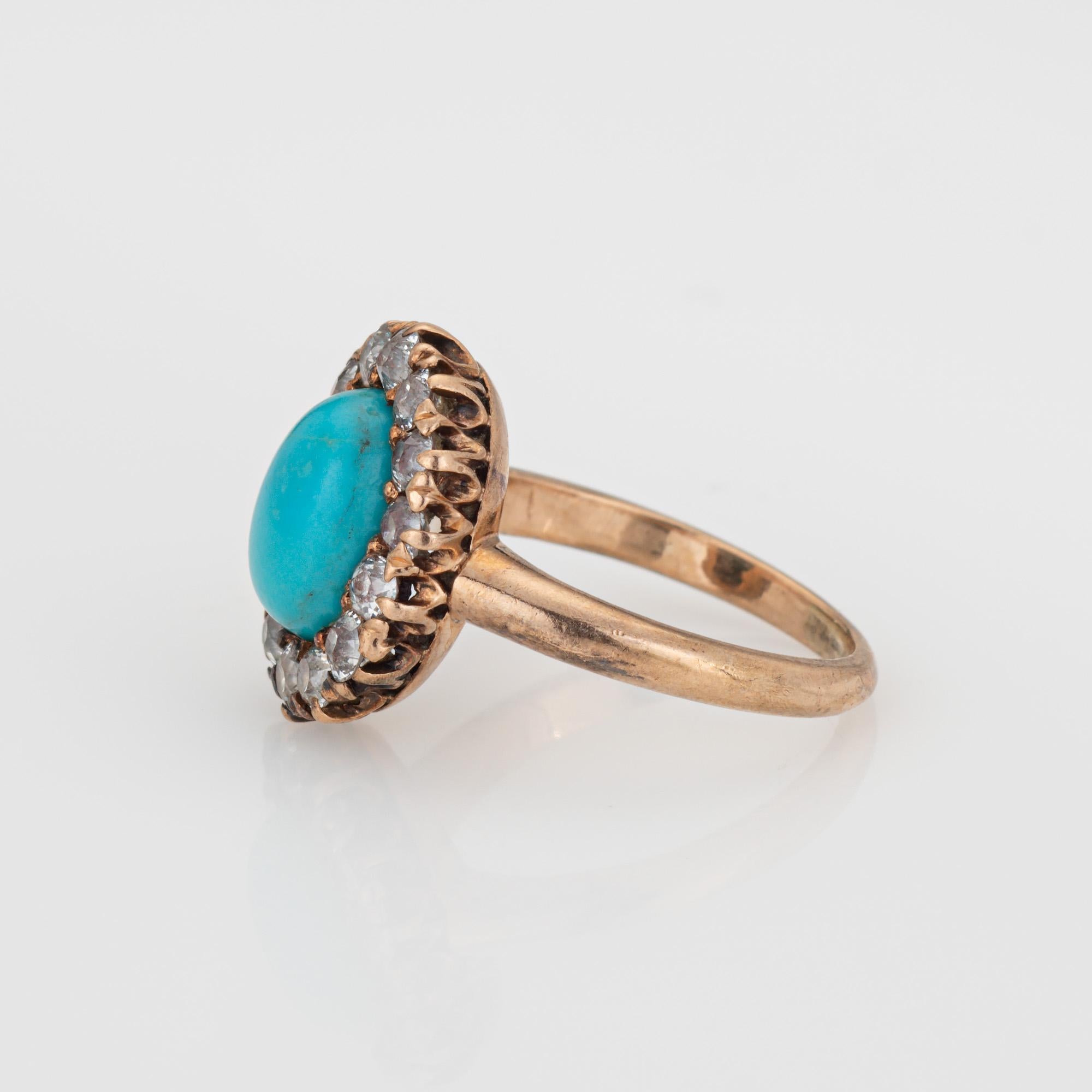 Antique Victorian Ring Turquoise Mine Cut Diamond Cluster 14k Yellow Gold Halo In Good Condition For Sale In Torrance, CA