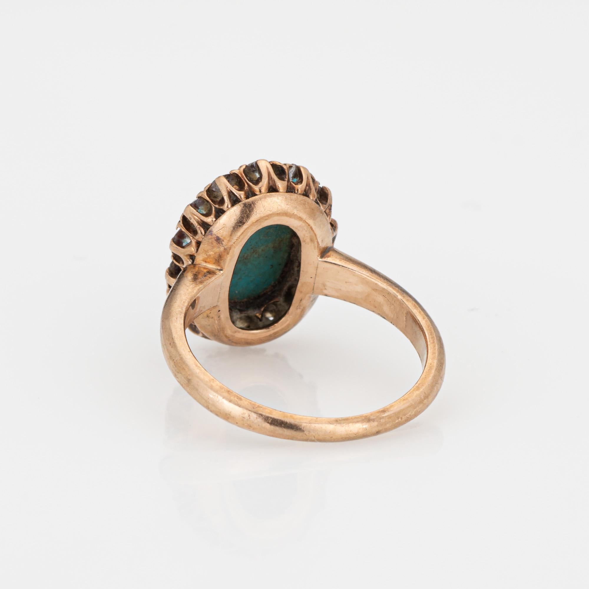 Women's Antique Victorian Ring Turquoise Mine Cut Diamond Cluster 14k Yellow Gold Halo For Sale