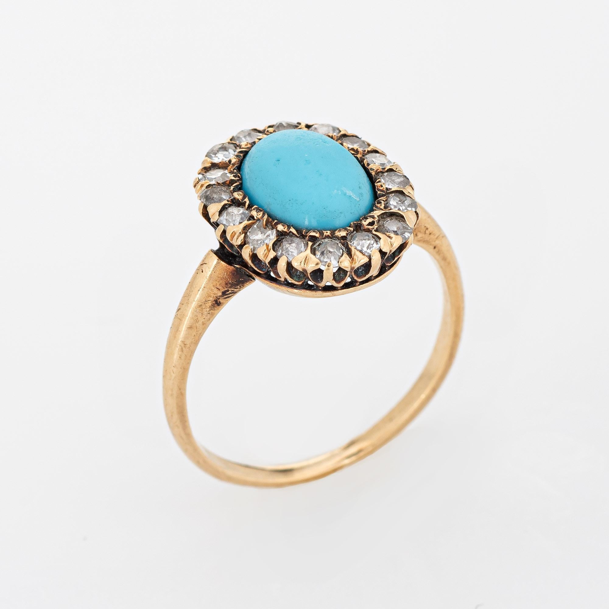 Finely detailed antique Victorian era cluster ring (circa 1880s to 1900s) crafted in 14k yellow gold.

Turquoise cabochon measures 9mm x 7mm, accented with 16 estimated 0.04 carat old mine & single cut diamonds. The total diamond weight is estimated