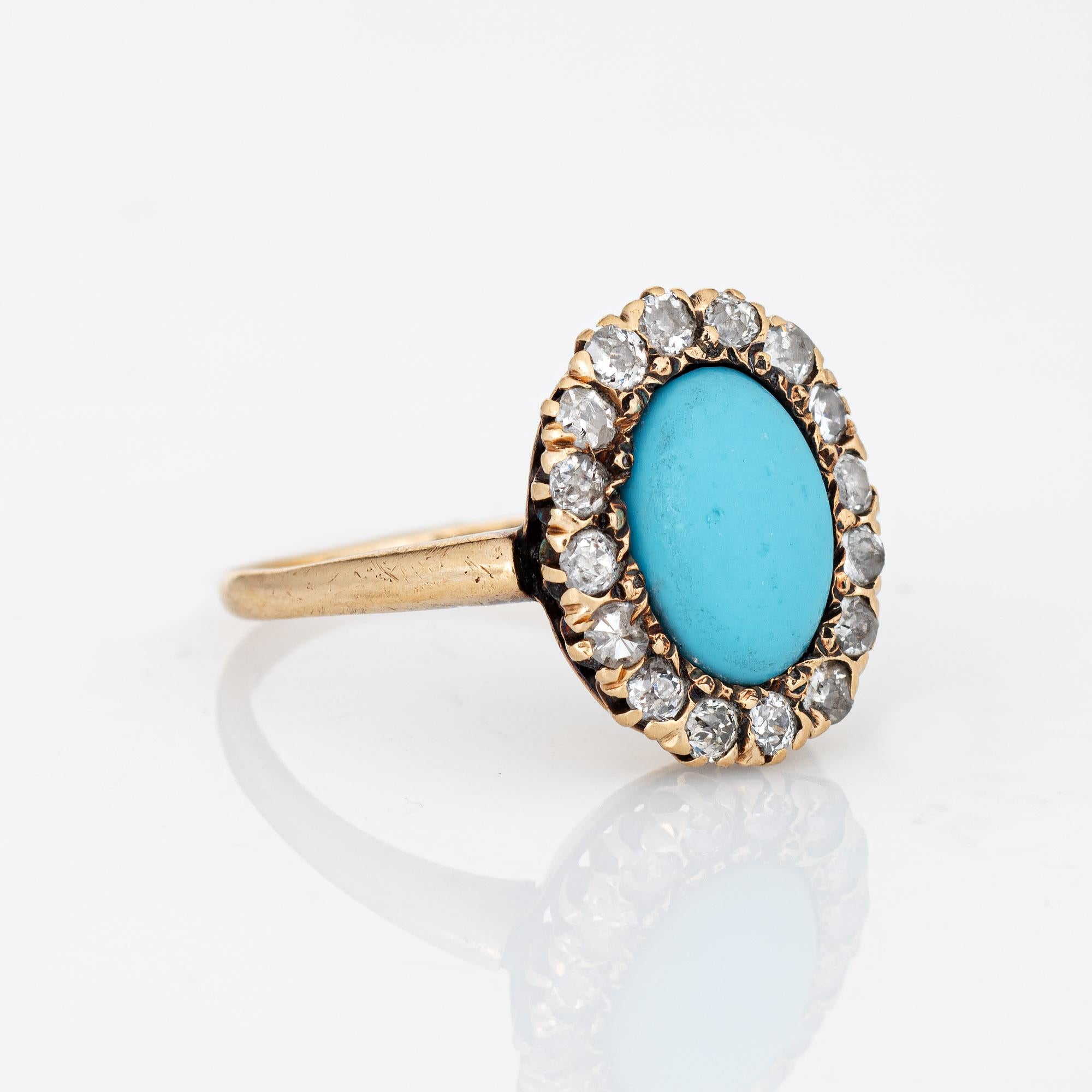 Cabochon Antique Victorian Ring Turquoise Mine Diamond Cluster 14k Yellow Gold Halo 5.75  For Sale