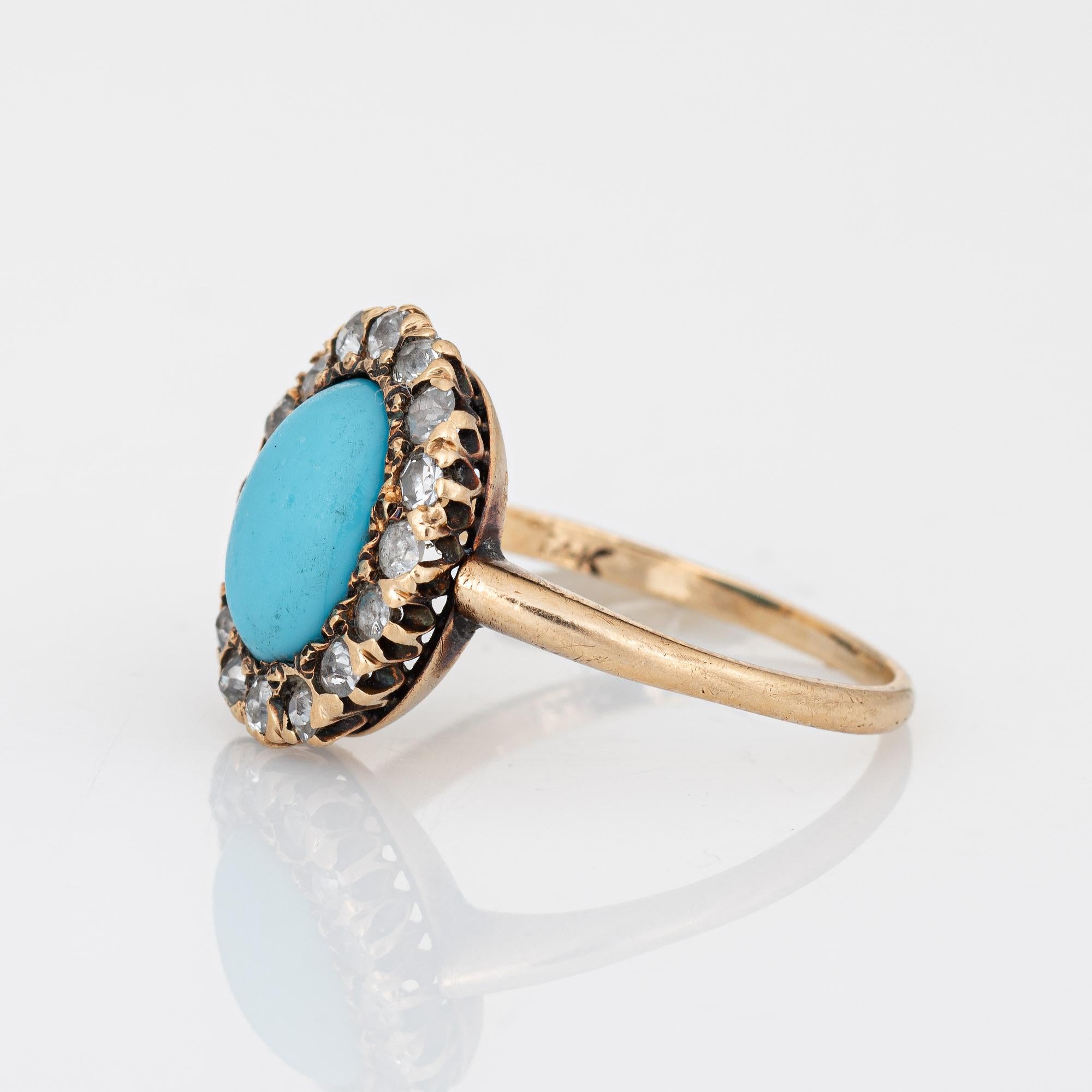 Antique Victorian Ring Turquoise Mine Diamond Cluster 14k Yellow Gold Halo 5.75  In Good Condition For Sale In Torrance, CA