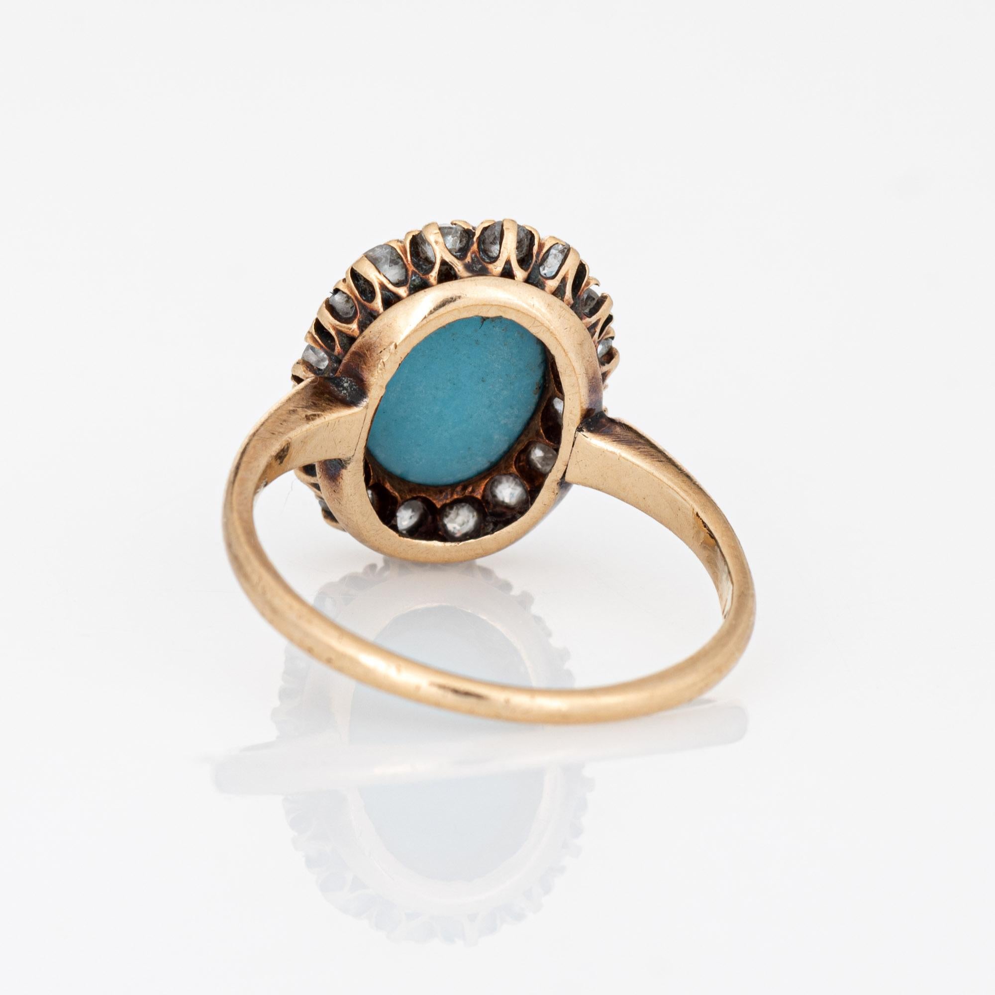 Women's Antique Victorian Ring Turquoise Mine Diamond Cluster 14k Yellow Gold Halo 5.75  For Sale