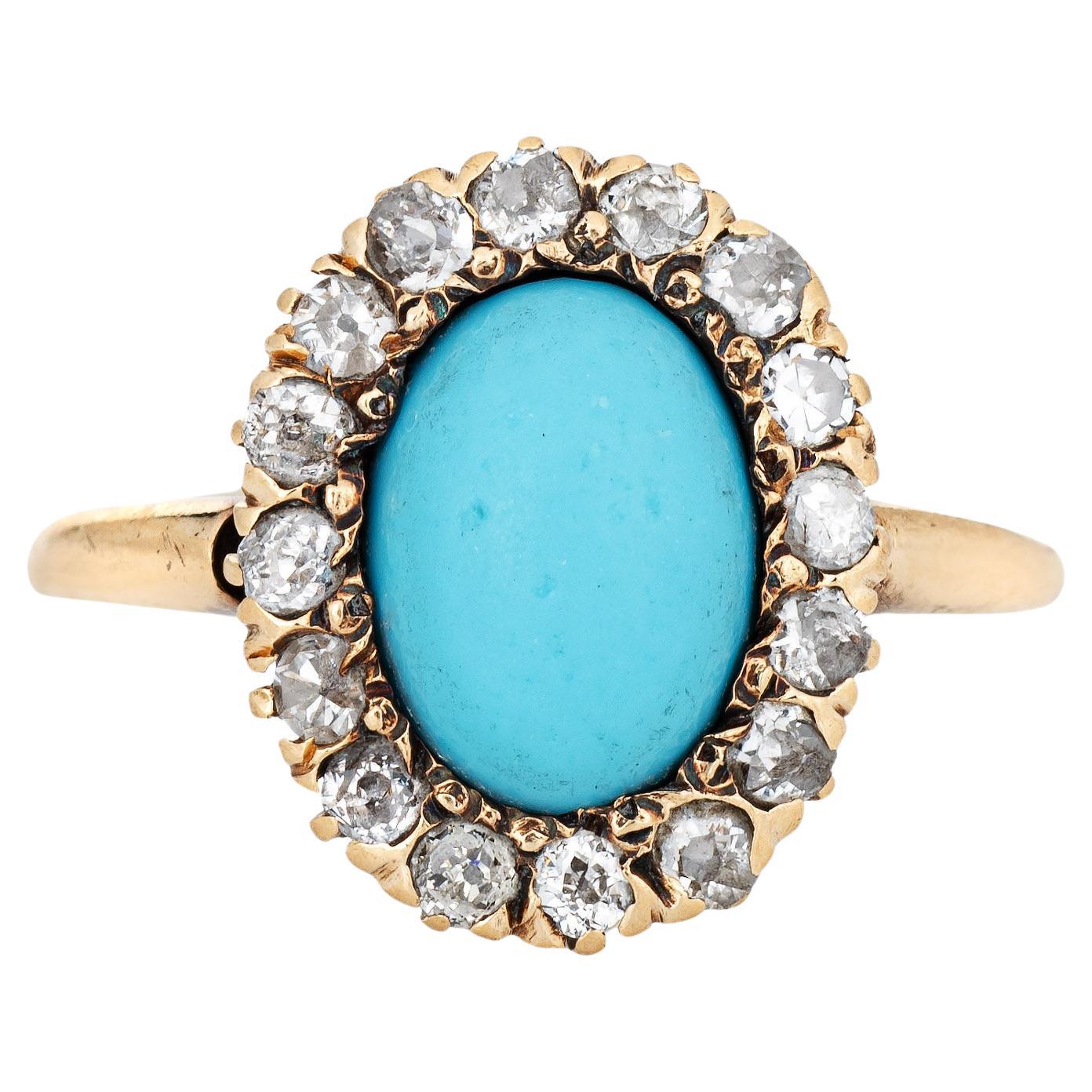Antique Victorian Ring Turquoise Mine Diamond Cluster 14k Yellow Gold Halo 5.75  For Sale