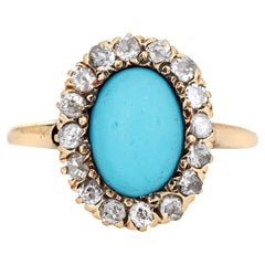 Antique Victorian Ring Turquoise Mine Diamond Cluster 14k Yellow Gold Halo 5.75 