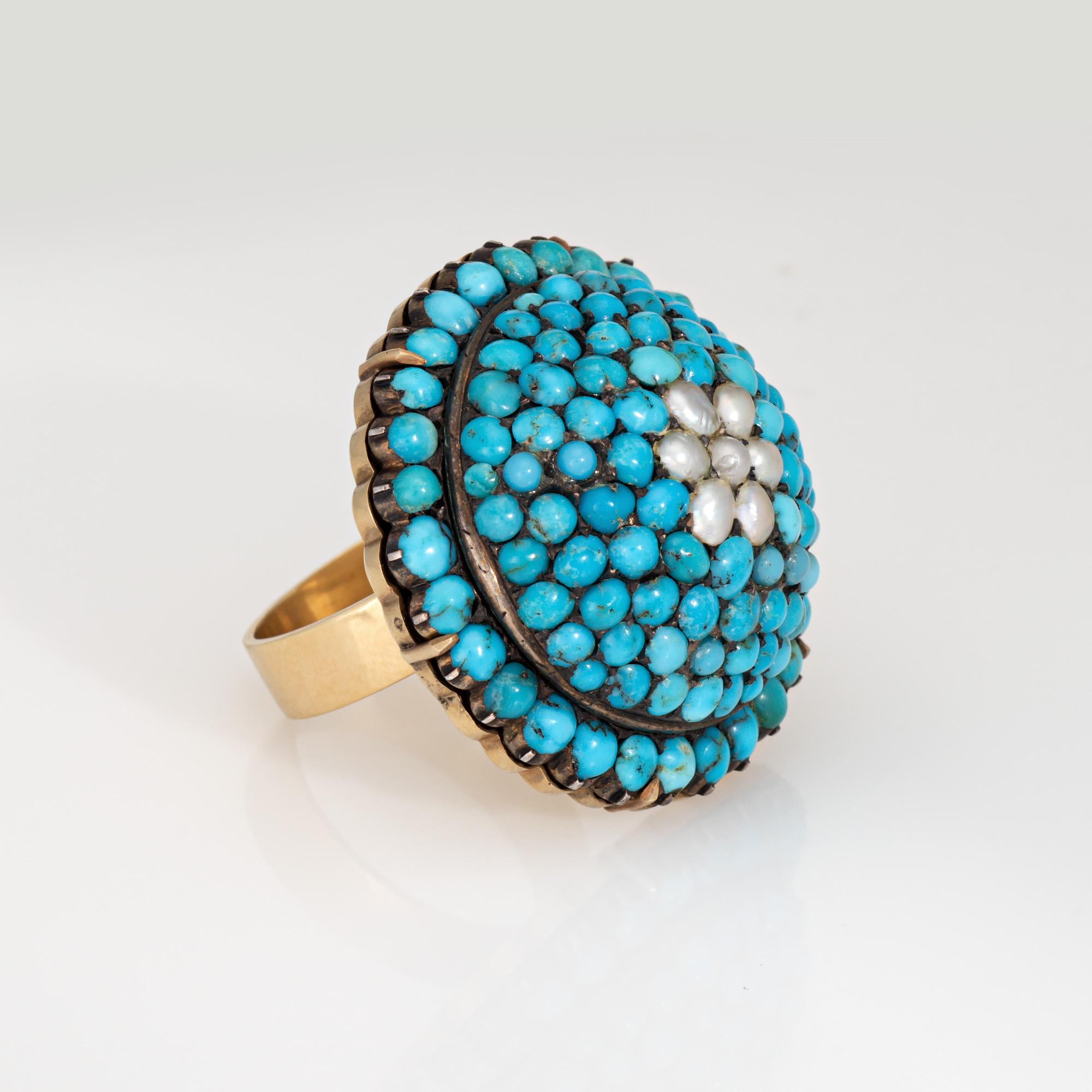 Taille cabochon Bague Victorienne Ancienne Turquoise Perle Dôme Or Jaune Bijoux de Conversion 7.25 en vente