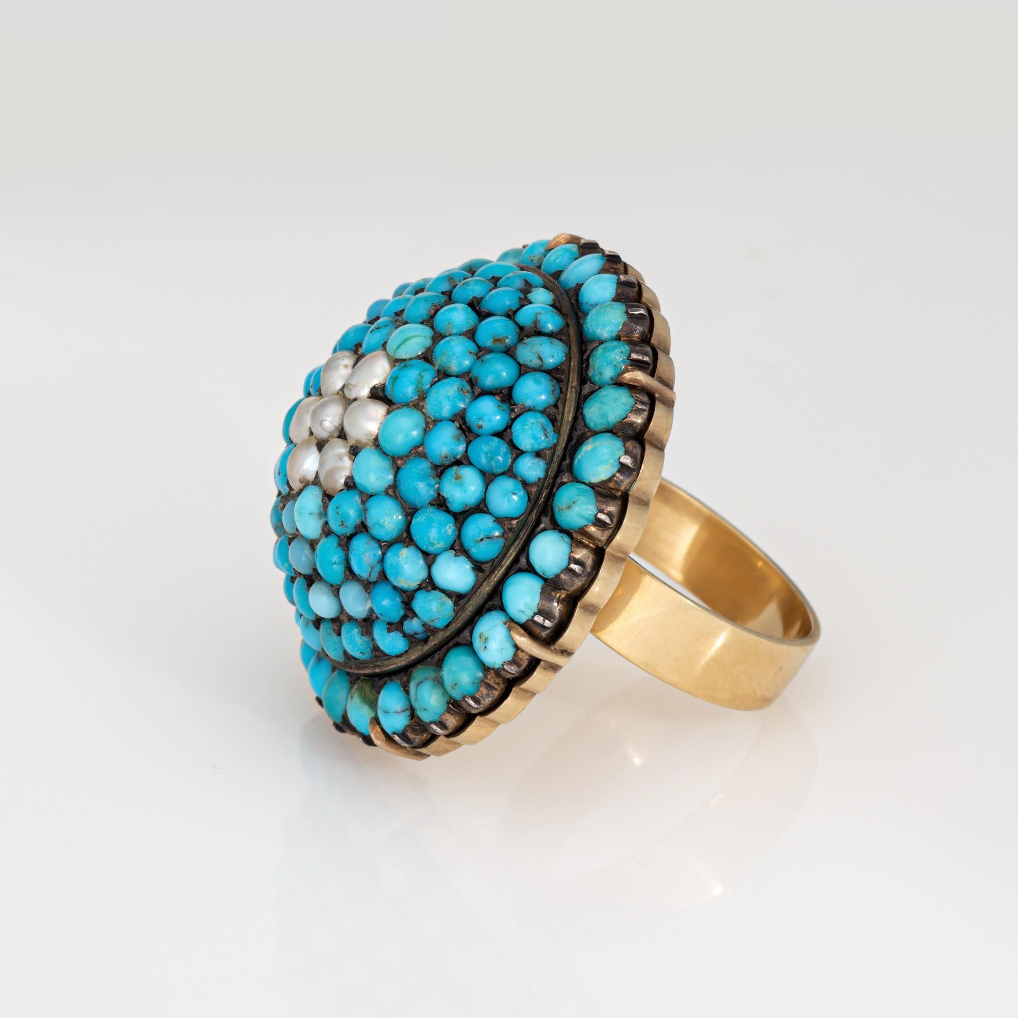 Bague Victorienne Ancienne Turquoise Perle Dôme Or Jaune Bijoux de Conversion 7.25 Bon état - En vente à Torrance, CA
