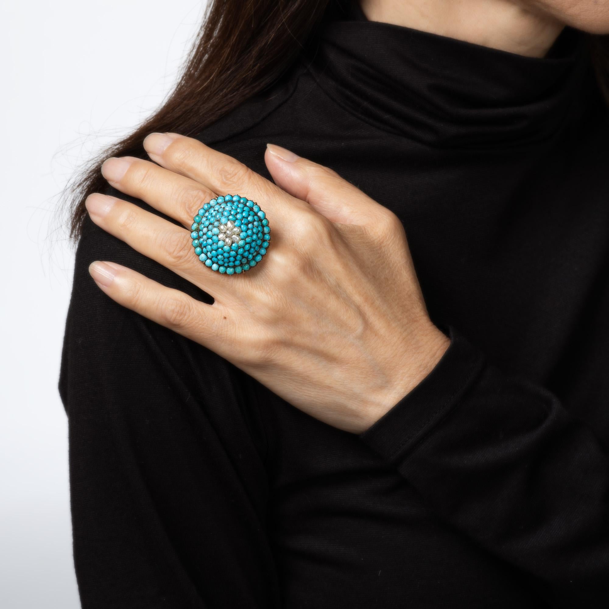 Bague Victorienne Ancienne Turquoise Perle Dôme Or Jaune Bijoux de Conversion 7.25 en vente 1