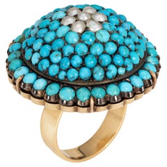 Antique Victorian Ring Turquoise Pearl Dome Yellow Gold Conversion Jewelry 7.25