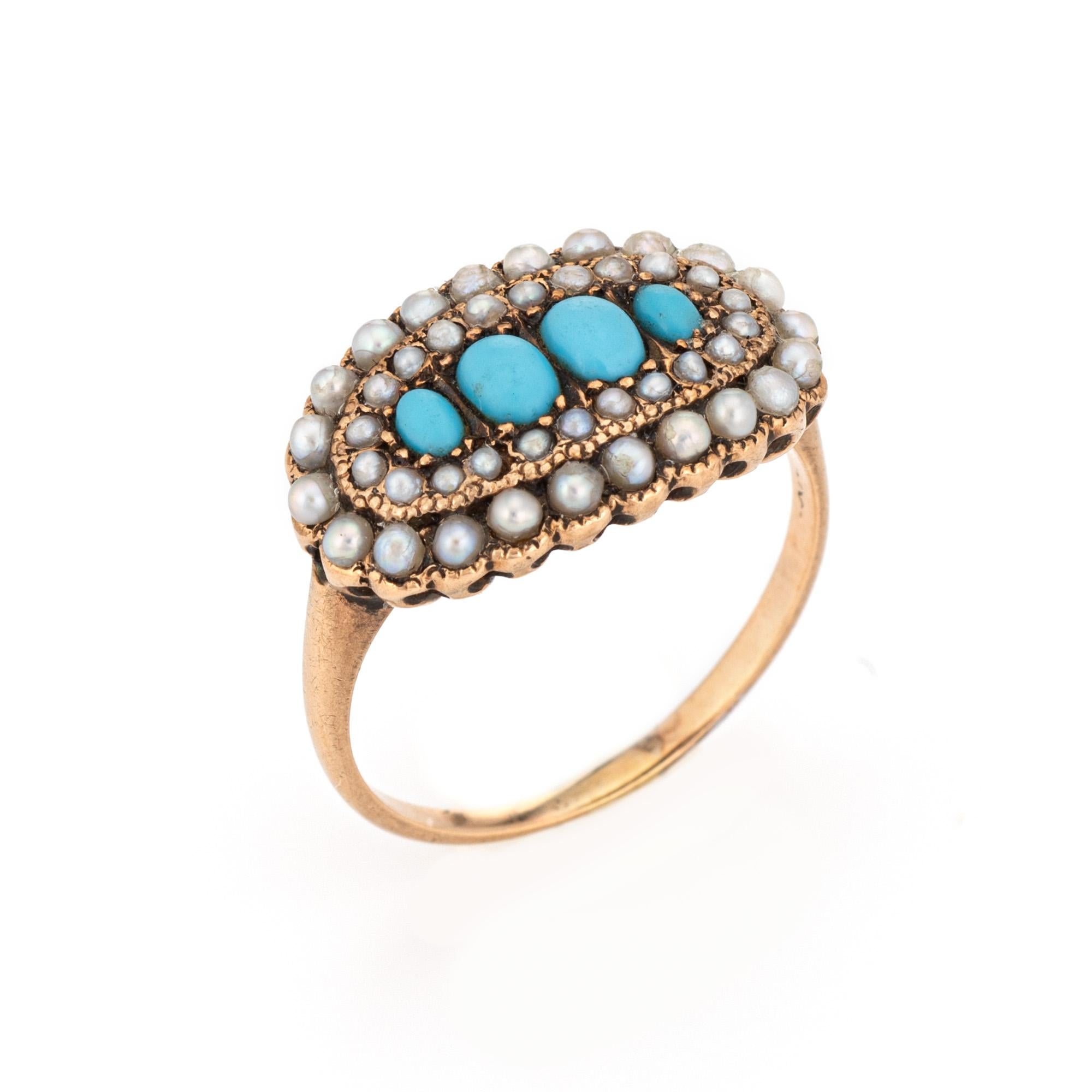 Elegant antique Victorian turquoise & seed pearl ring (circa 1880s to 1900s), crafted in 10 karat yellow gold. 

Turquoise cabochons range in size from 2.5mm to 4mm, accented with 1mm to 1.5mm seed pearls.

The east-west facing ring features egg