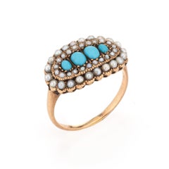 Antique Victorian Ring Turquoise Seed Pearls Vintage 10k Yellow Gold Jewelry