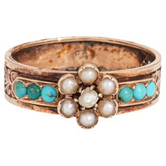 Antique Victorian Ring Turquoise Seed Pearls Vintage 14k Rose Gold Band Sz 7