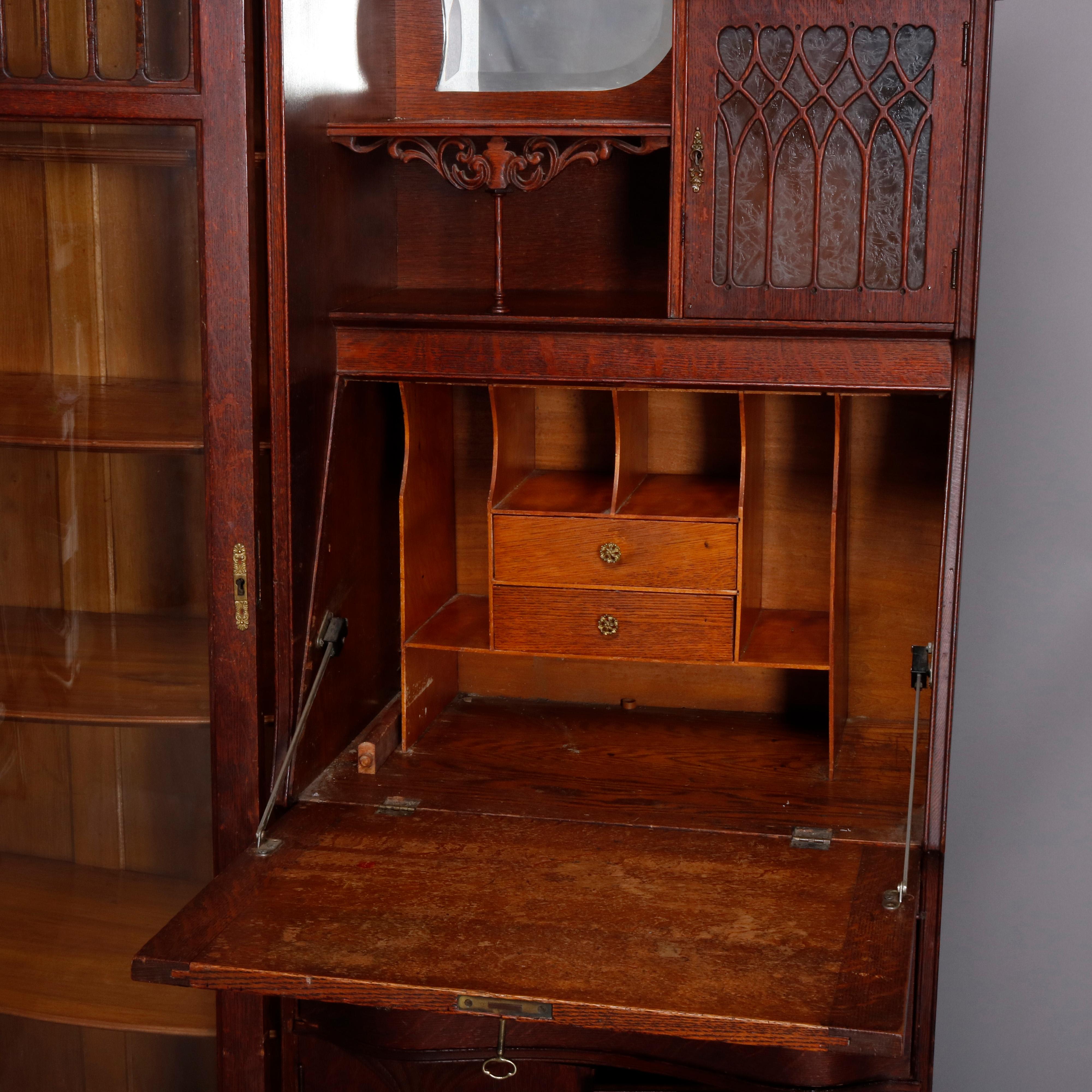 Antique Victorian R.J. Horner Style Victorian Carved Oak Secretary Bookcase 1