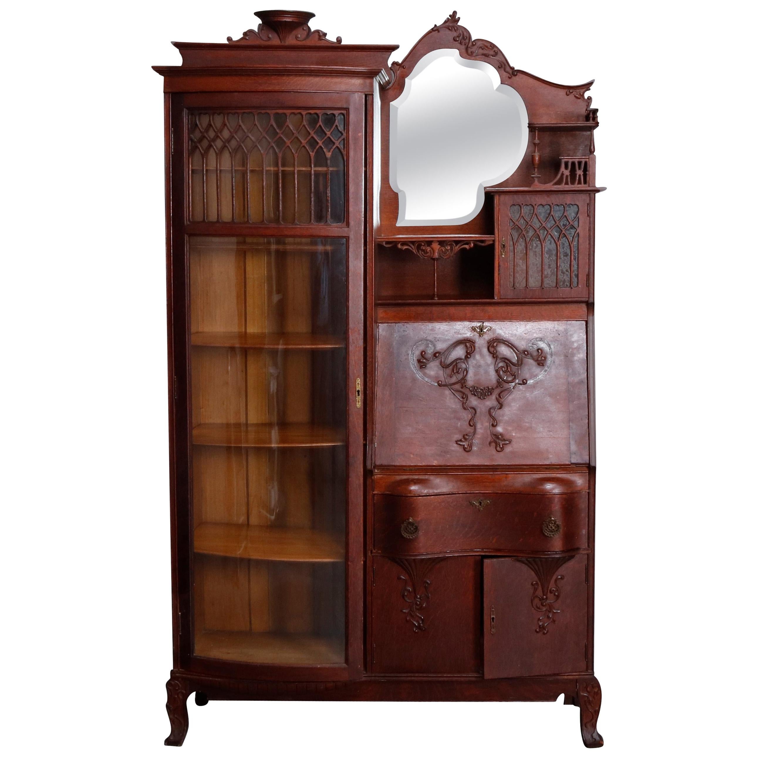 Antique Victorian R.J. Horner Style Victorian Carved Oak Secretary Bookcase
