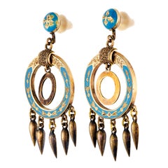 Antiker viktorianischer langer Ohrring mit blauer Emaille und Gelbgold, Robin Egg