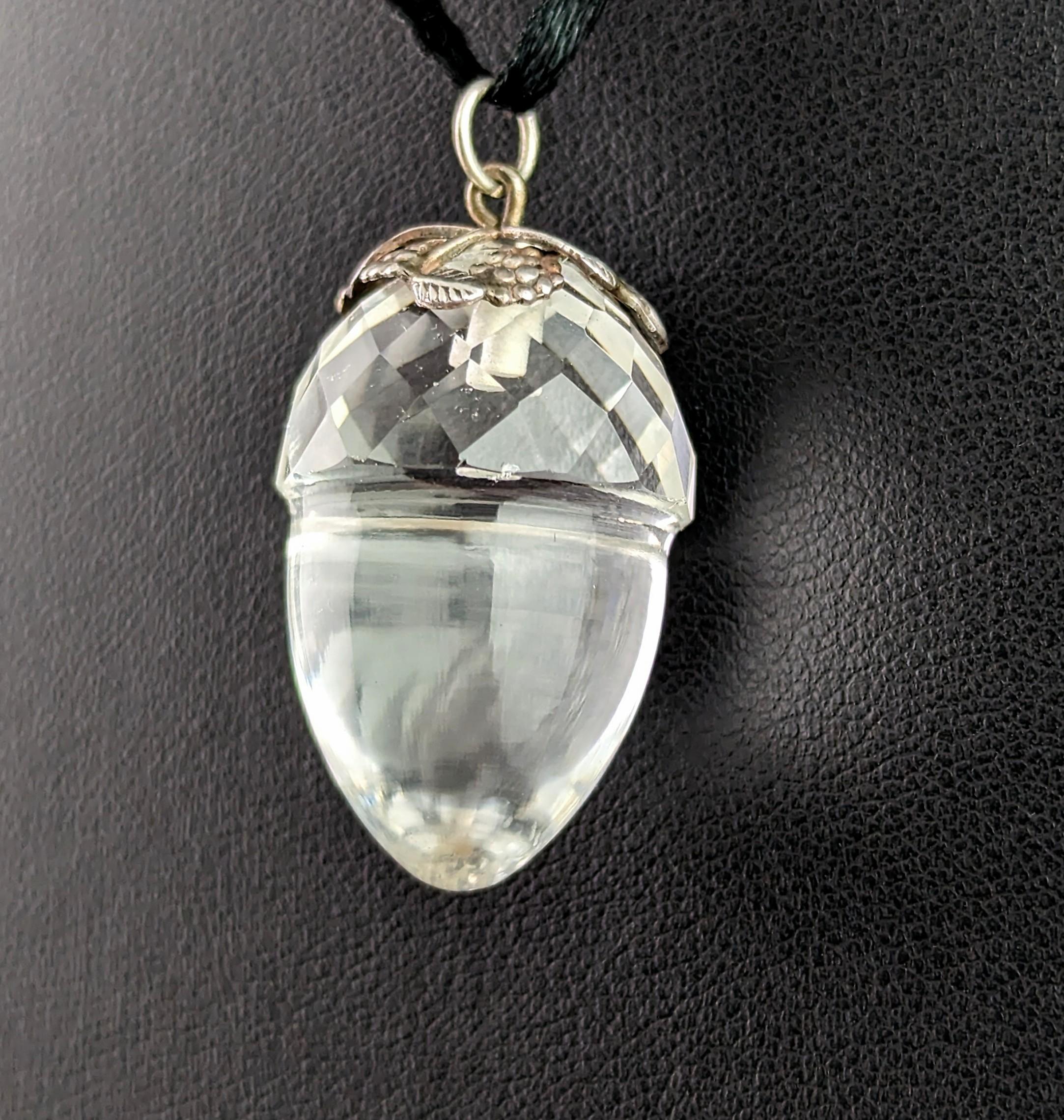 Antique Victorian Rock crystal acorn pendant, sterling silver  2