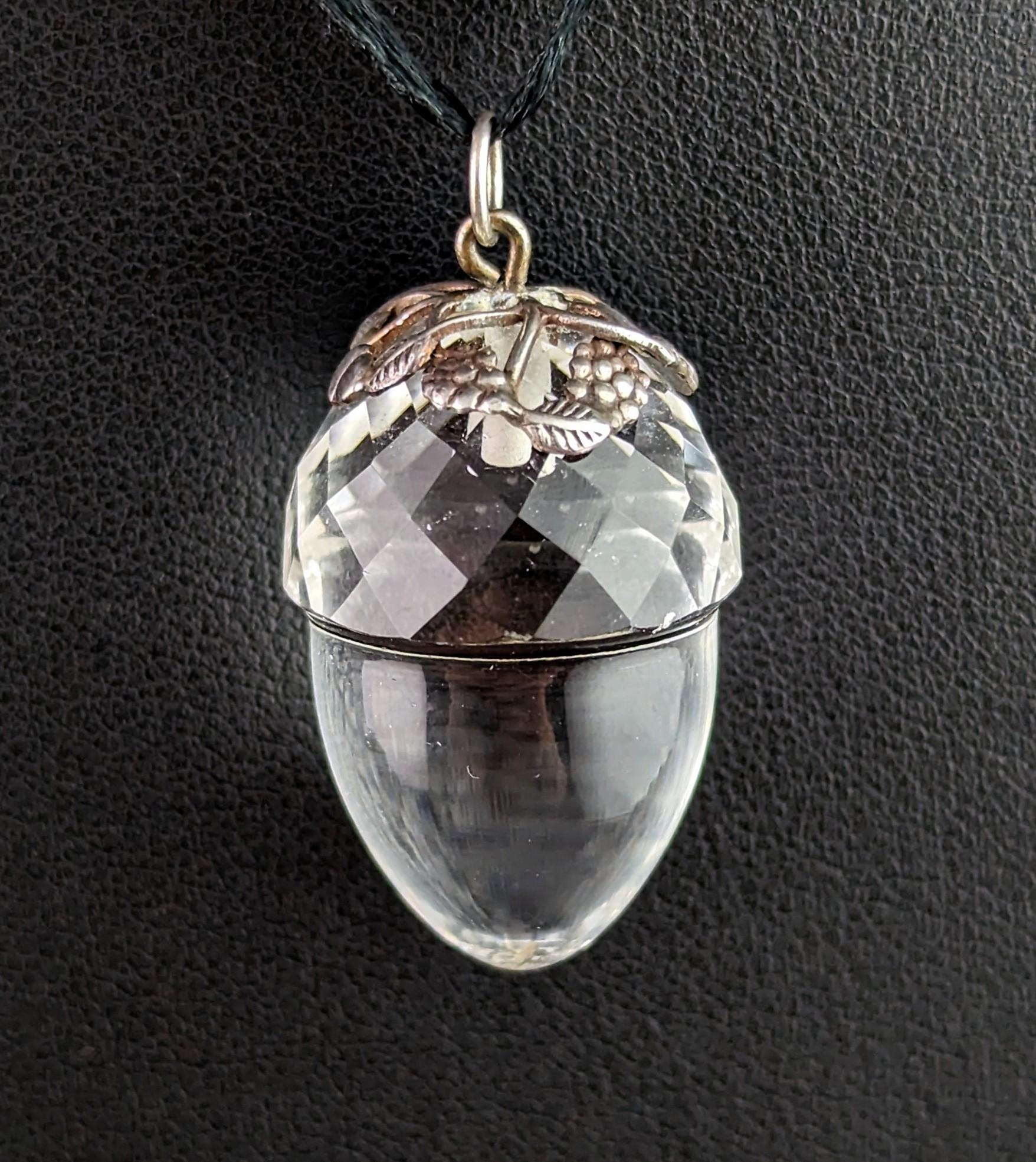 Crisscut Antique Victorian Rock crystal acorn pendant, sterling silver 