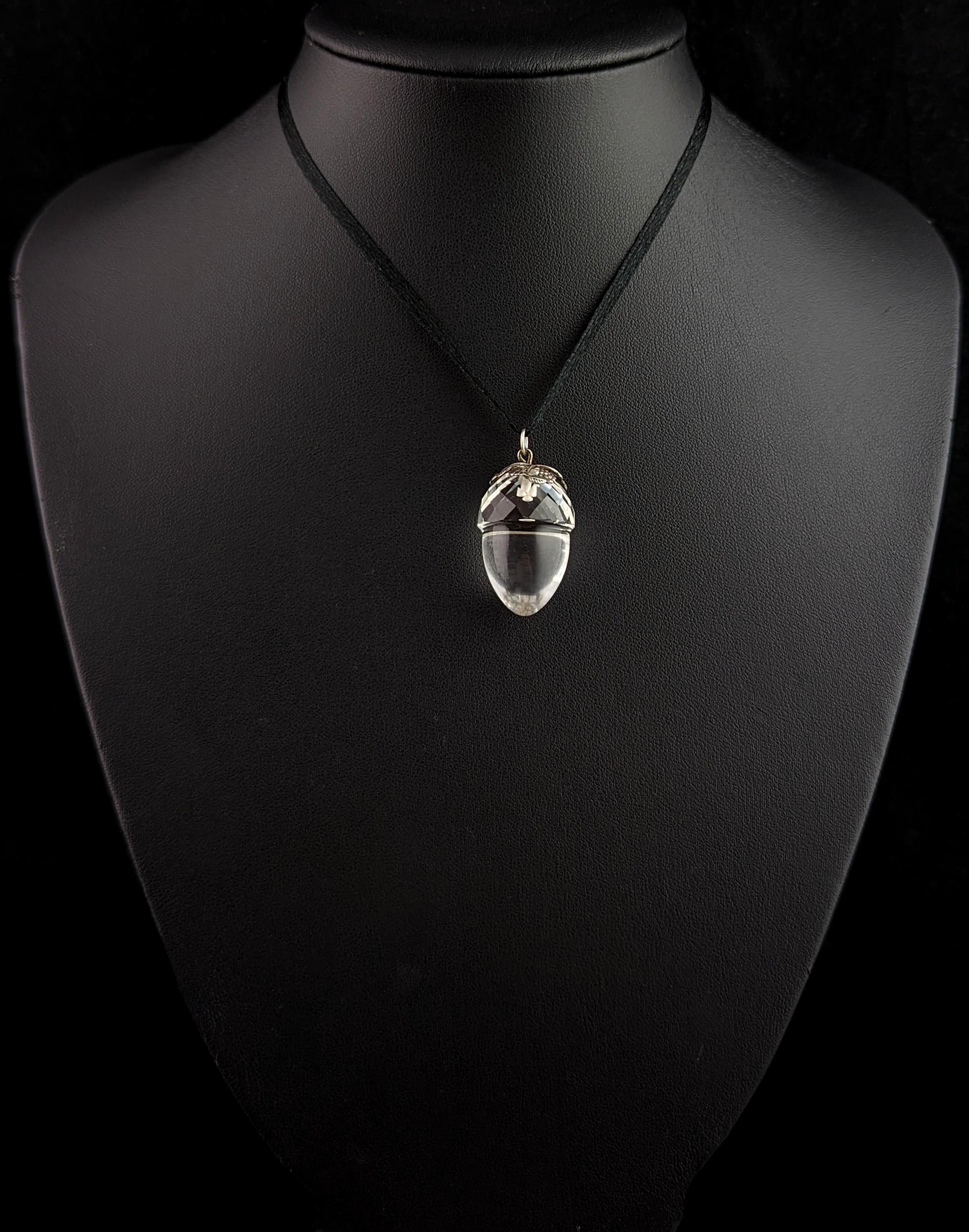 Women's or Men's Antique Victorian Rock crystal acorn pendant, sterling silver 