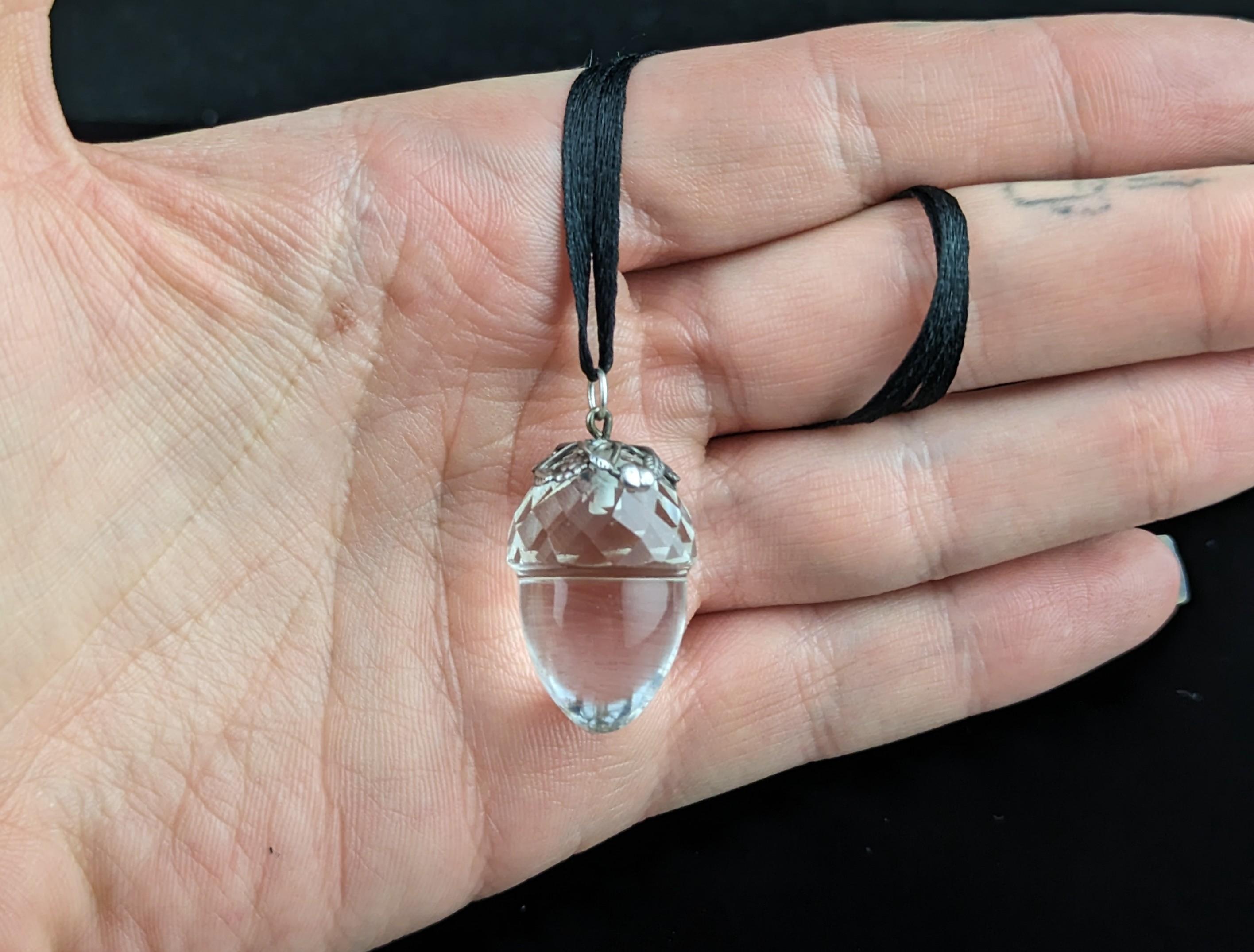 Antique Victorian Rock crystal acorn pendant, sterling silver  1