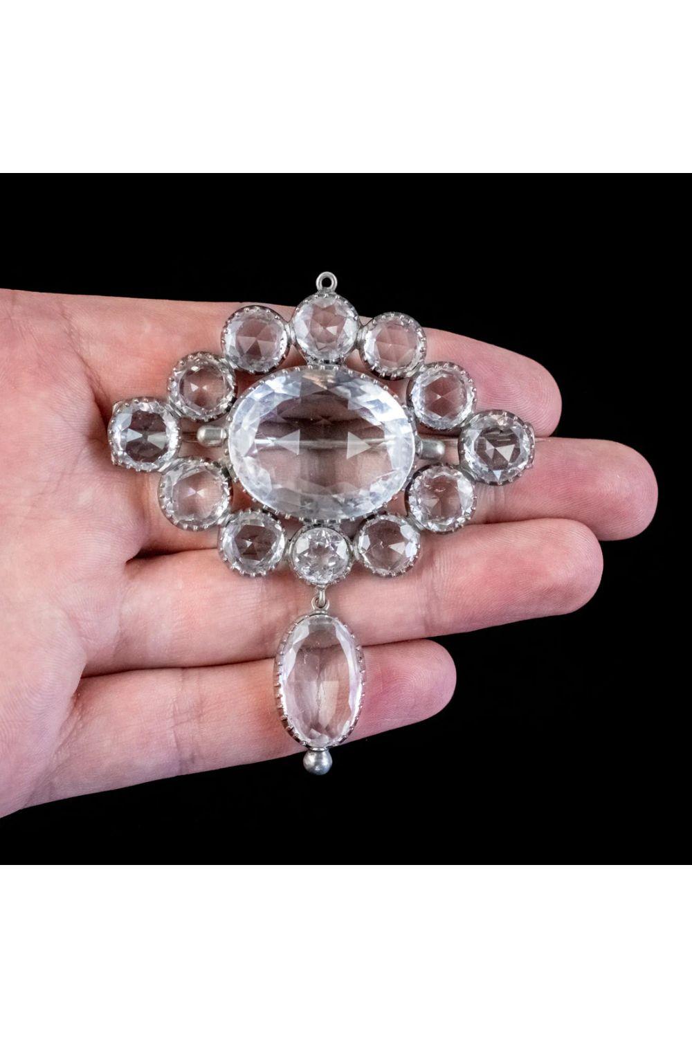 Women's Antique Victorian Rock Crystal Brooch Silver, circa 1880 For Sale