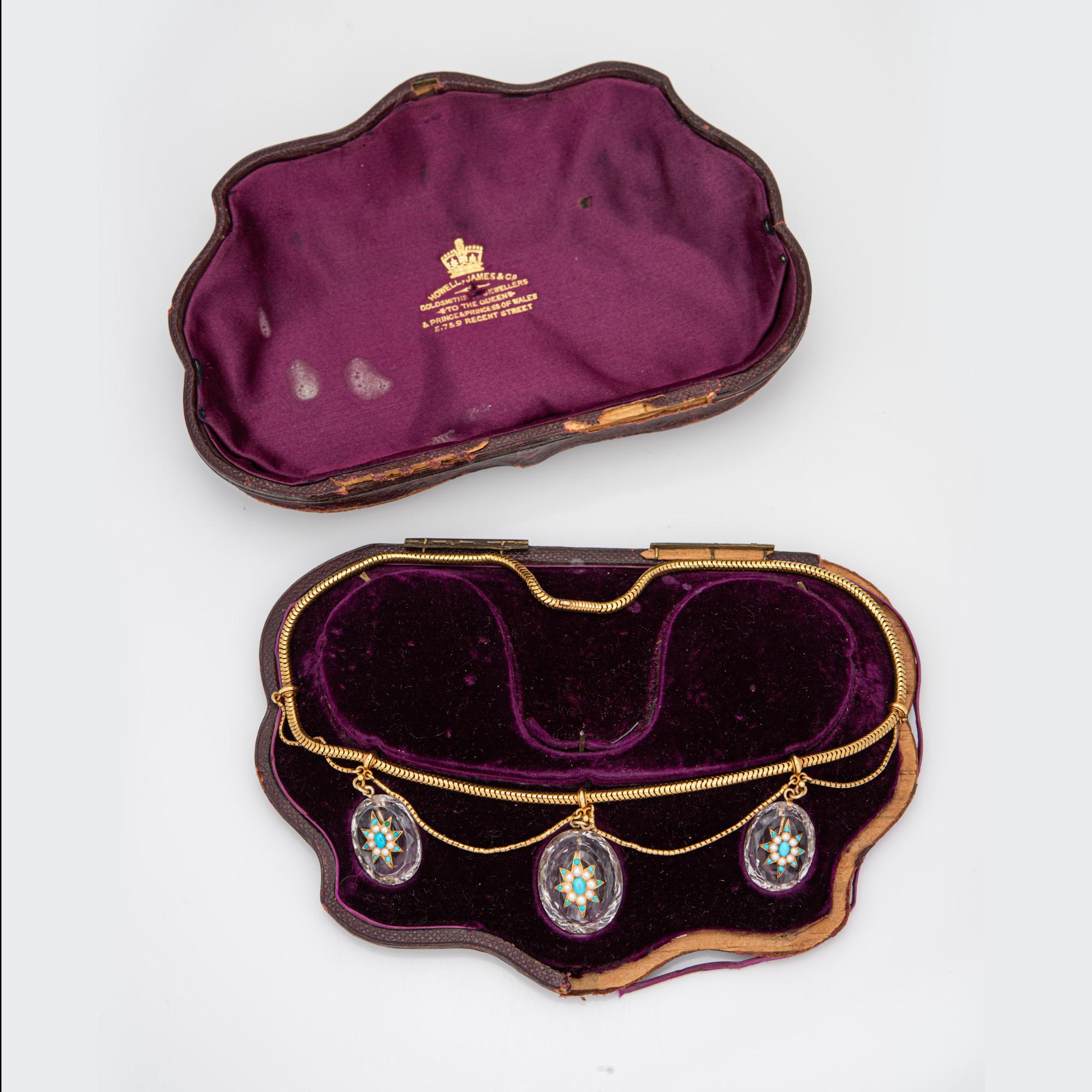 Antike viktorianische Bergkristall-Halskette Howell James Co 14k Gold Türkis-Etui (Viktorianisch) im Angebot