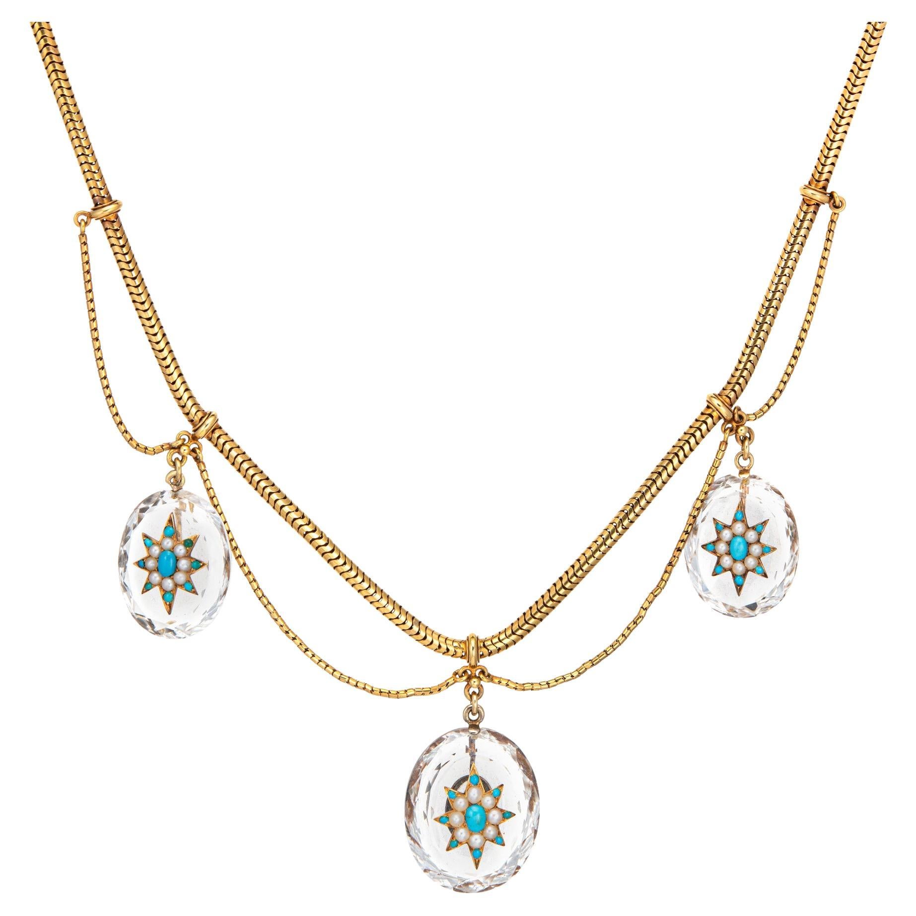 Collana antica vittoriana in cristallo di rocca Howell James & Co. in oro 14k con turchese in vendita