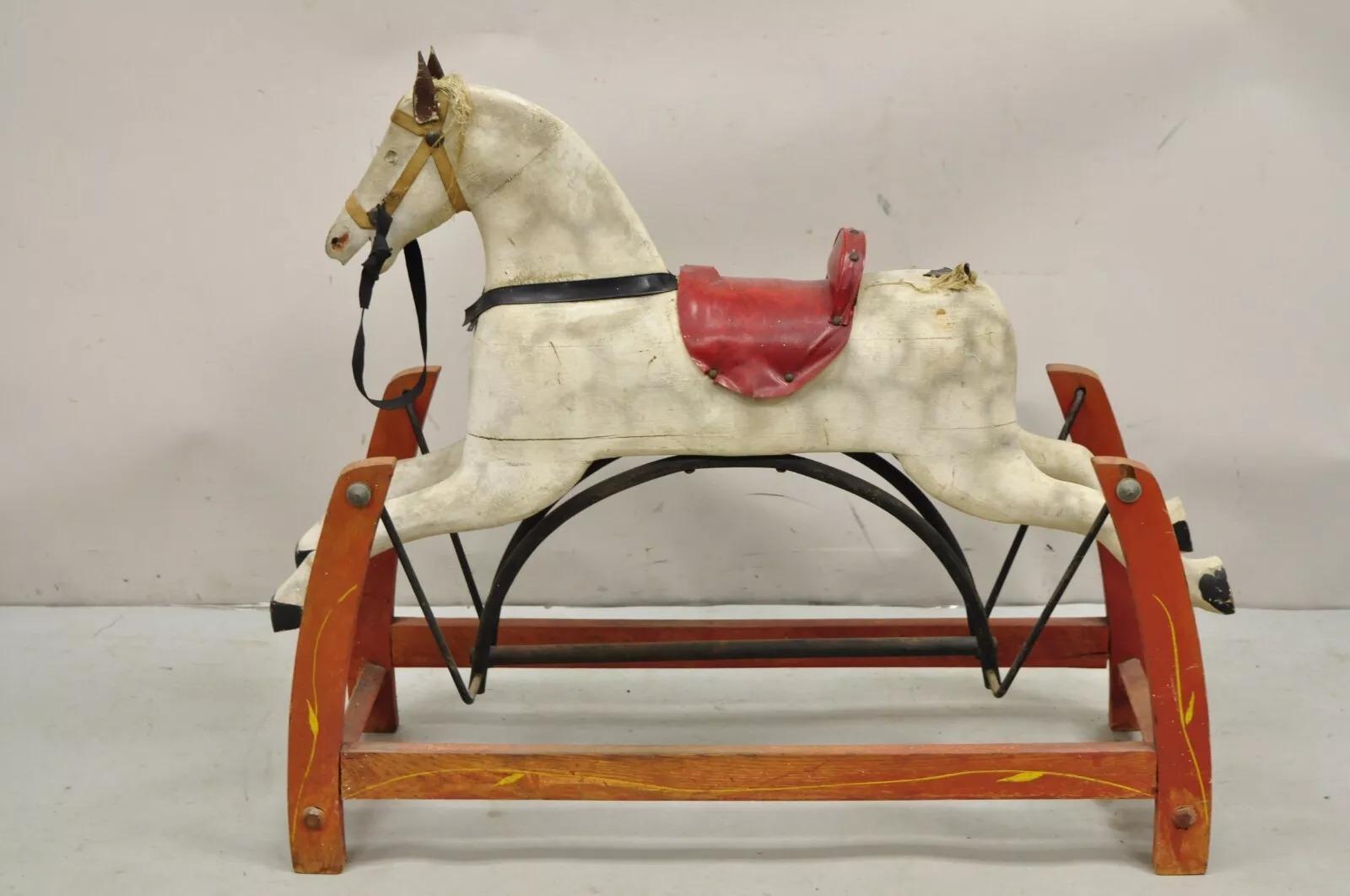 Antiguo caballito balancín victoriano Juguete para niños Madera tallada Blanco Rojo Pintado en venta 5