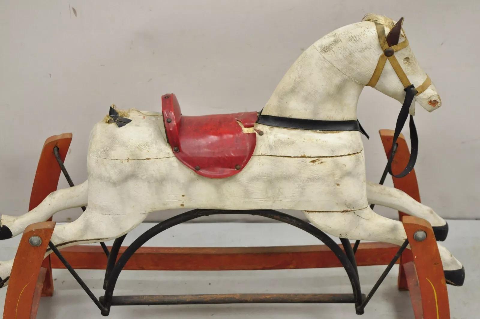 Antiguo caballito balancín victoriano Juguete para niños Madera tallada Blanco Rojo Pintado Desconocido en venta