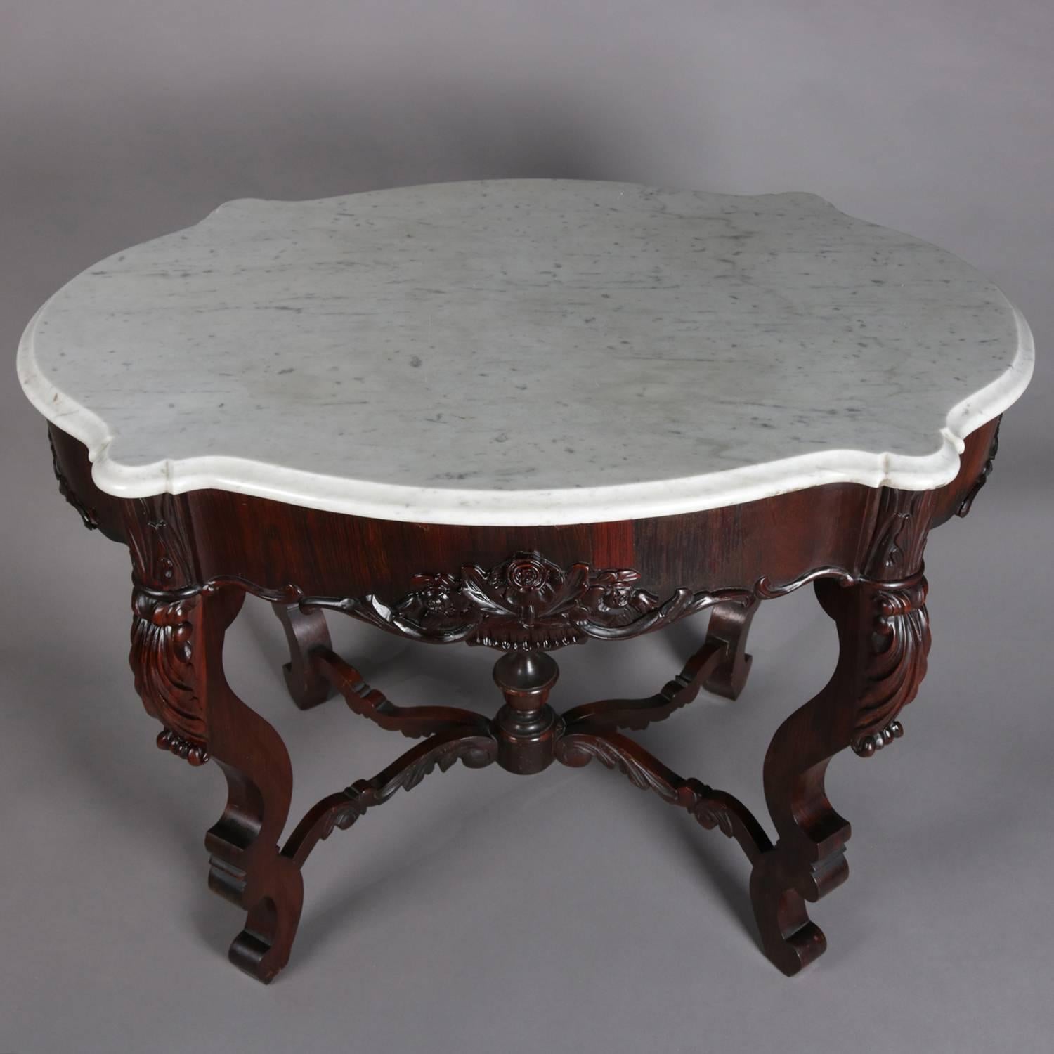 19th Century Antique Victorian Rococo Carved Rosewood and Marble Turtle Top Parlor Table
