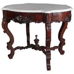 Antique Victorian Rococo Carved Rosewood and Marble Turtle Top Parlor Table