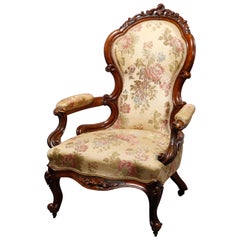 Antique Victorian Rococo Carved Rosewood Upholstered Armchair, Circa 1880