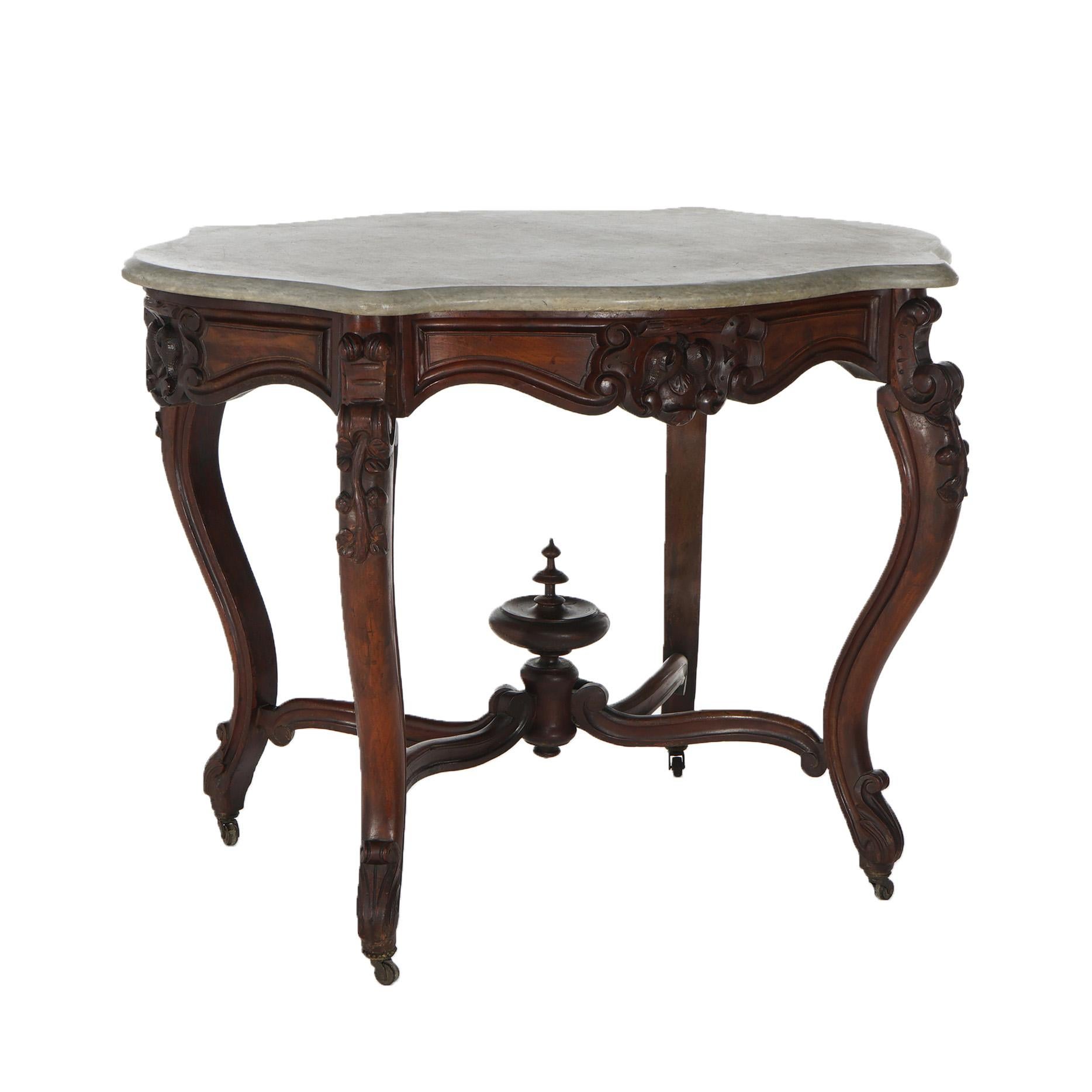 Néo-Renaissance Ancienne table de salon victorienne rococo en noyer sculpté et plateau en marbre C1800 en vente