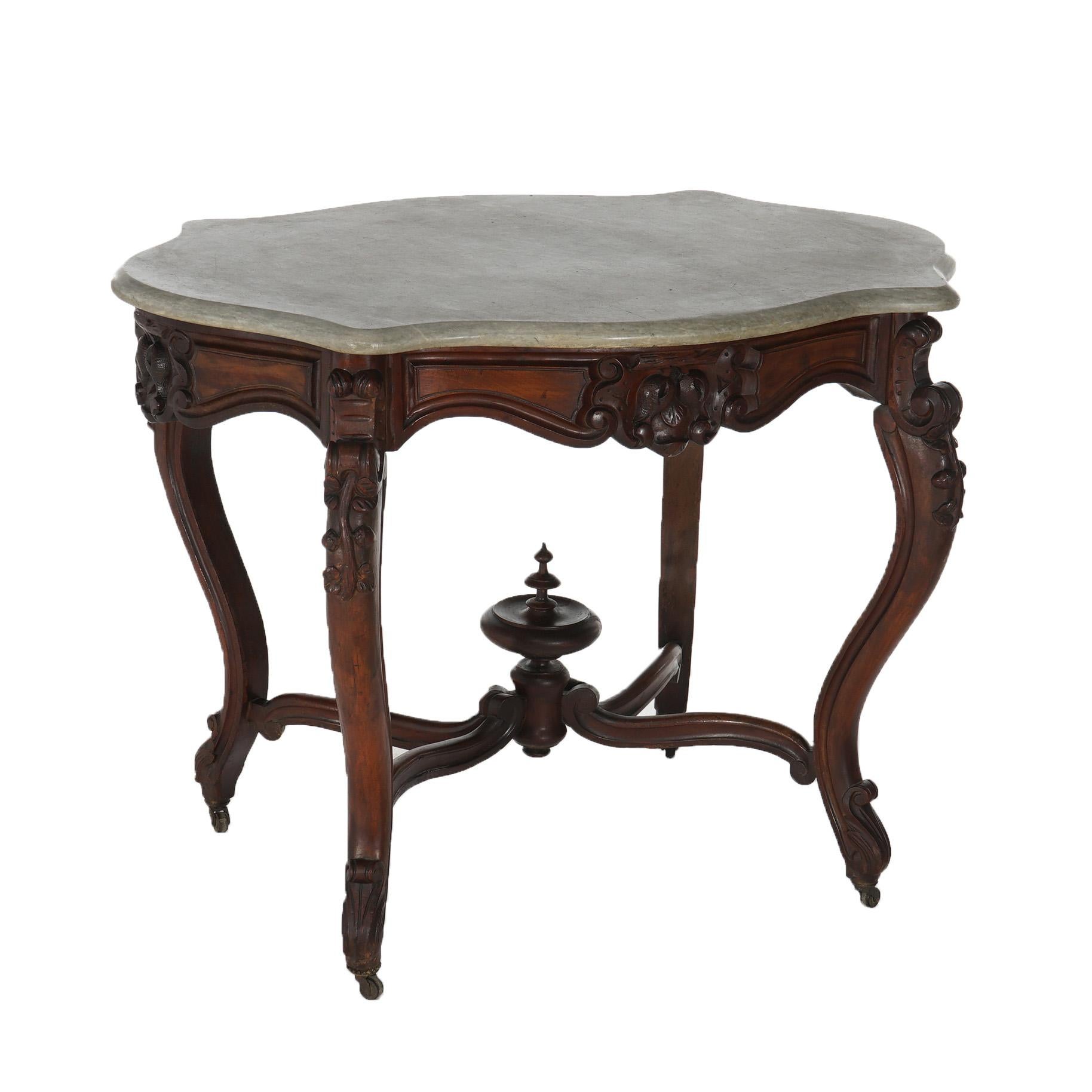 Beveled Antique Victorian Rococo Carved Walnut & Marble Top Parlor Table C1800 For Sale