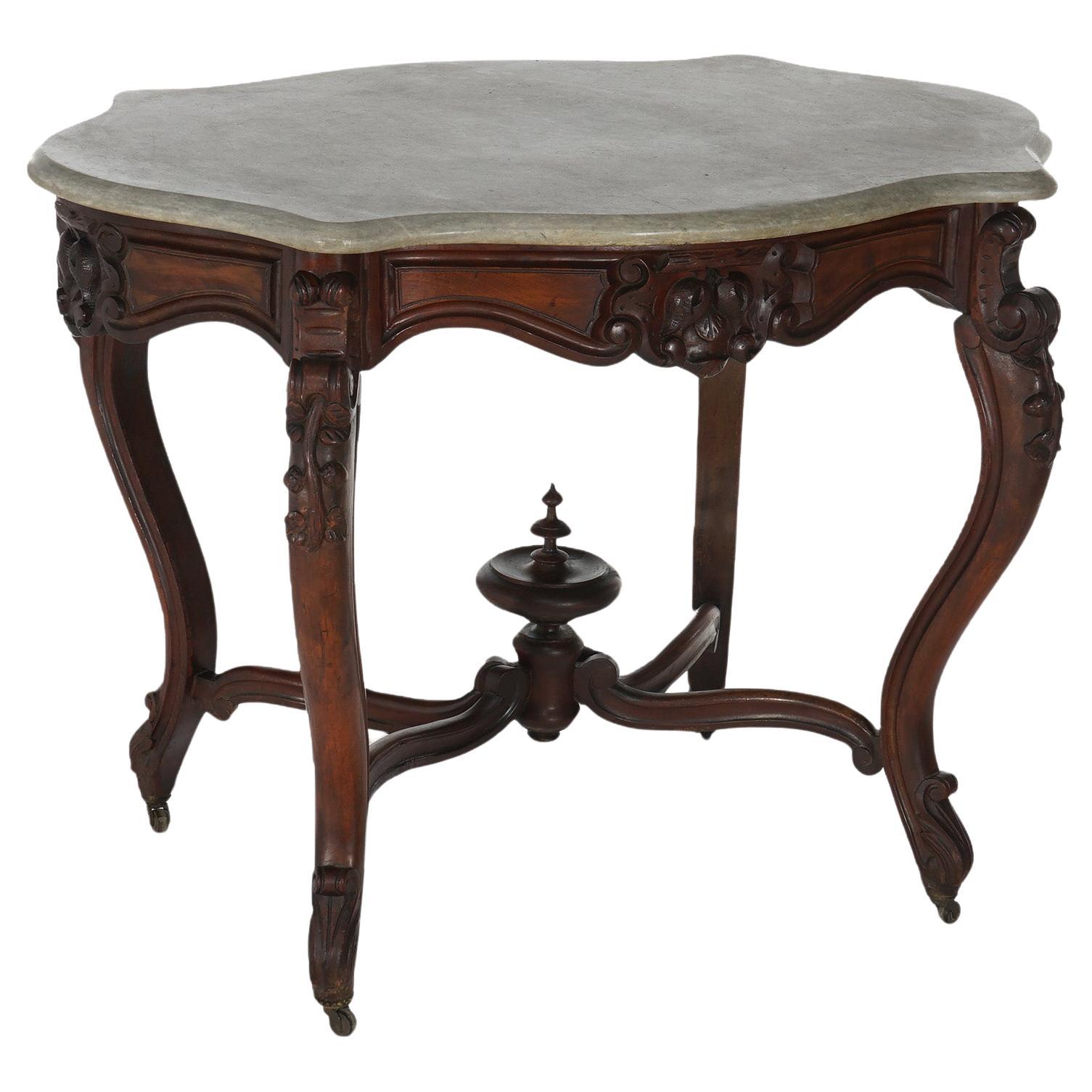 Ancienne table de salon victorienne rococo en noyer sculpté et plateau en marbre C1800