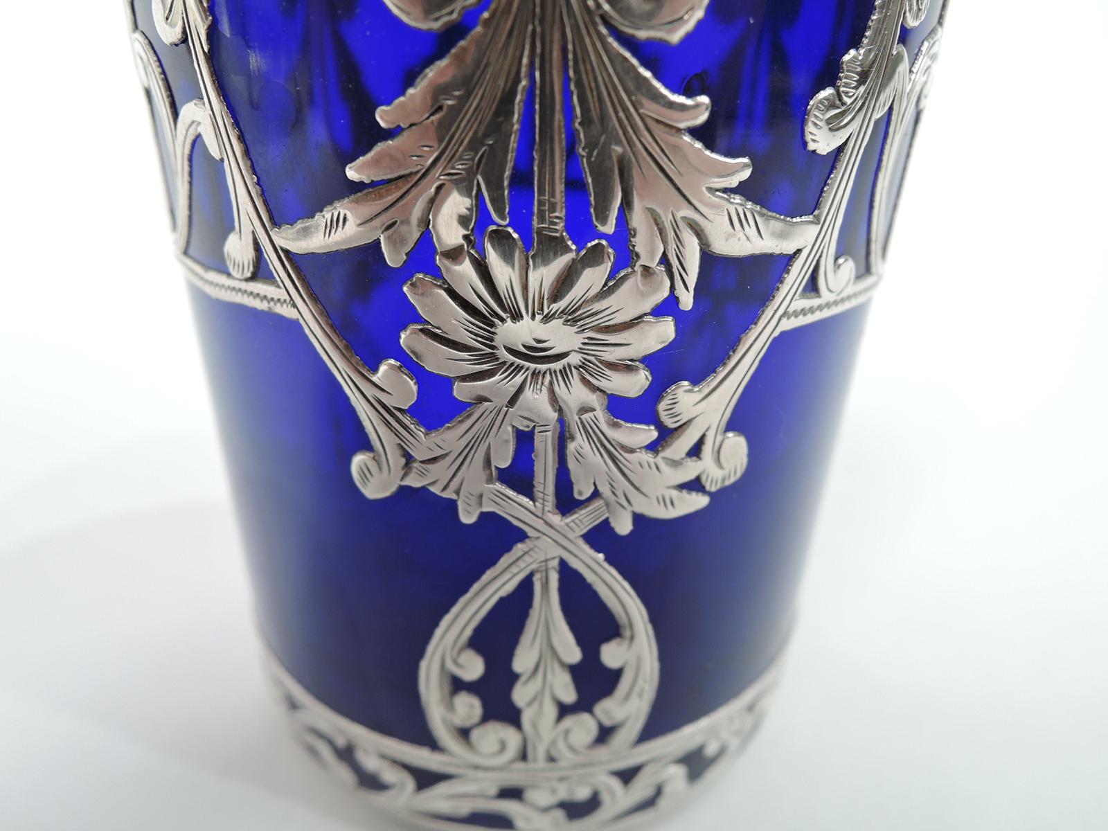 American Antique Victorian Rococo Cobalt Blue Silver Overlay Beaker Bud Vase