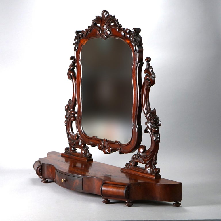 Antique Victorian Rococo Flame Mahogany Shaving Mirror Circa 1890 For