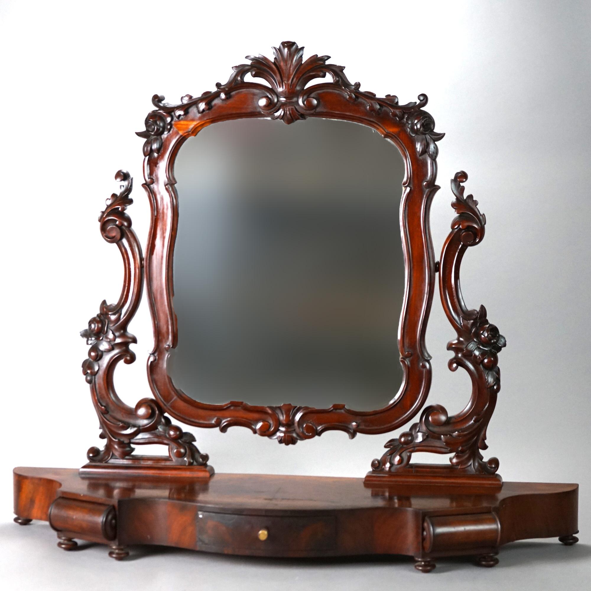 19th Century Antique Victorian Rococo Flame Mahogany Shaving Mirror circa 1890 For Sale