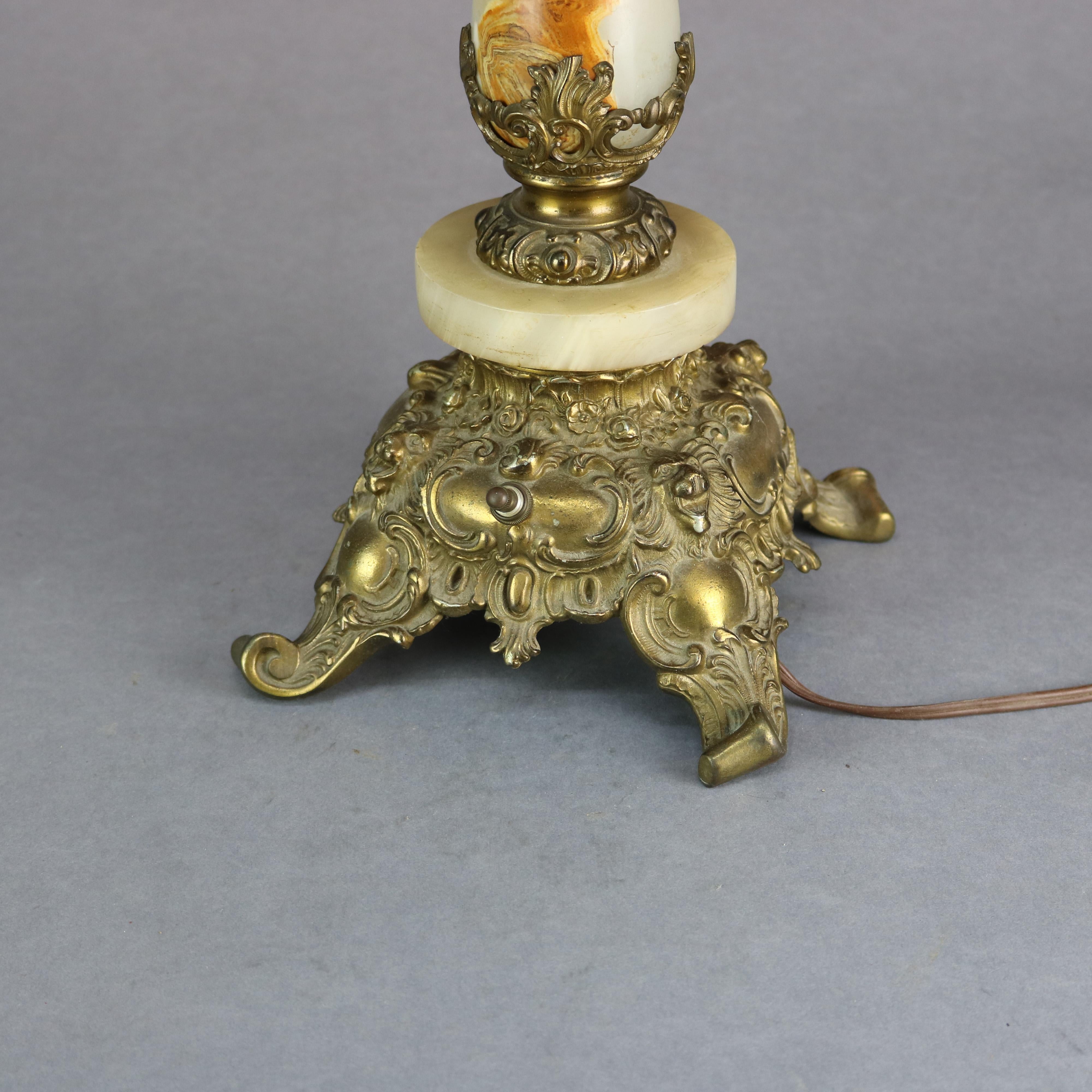 Antique Victorian Rococo Gilt & Onyx Parlor Lamp with Hand Painted Shade, c1890 1