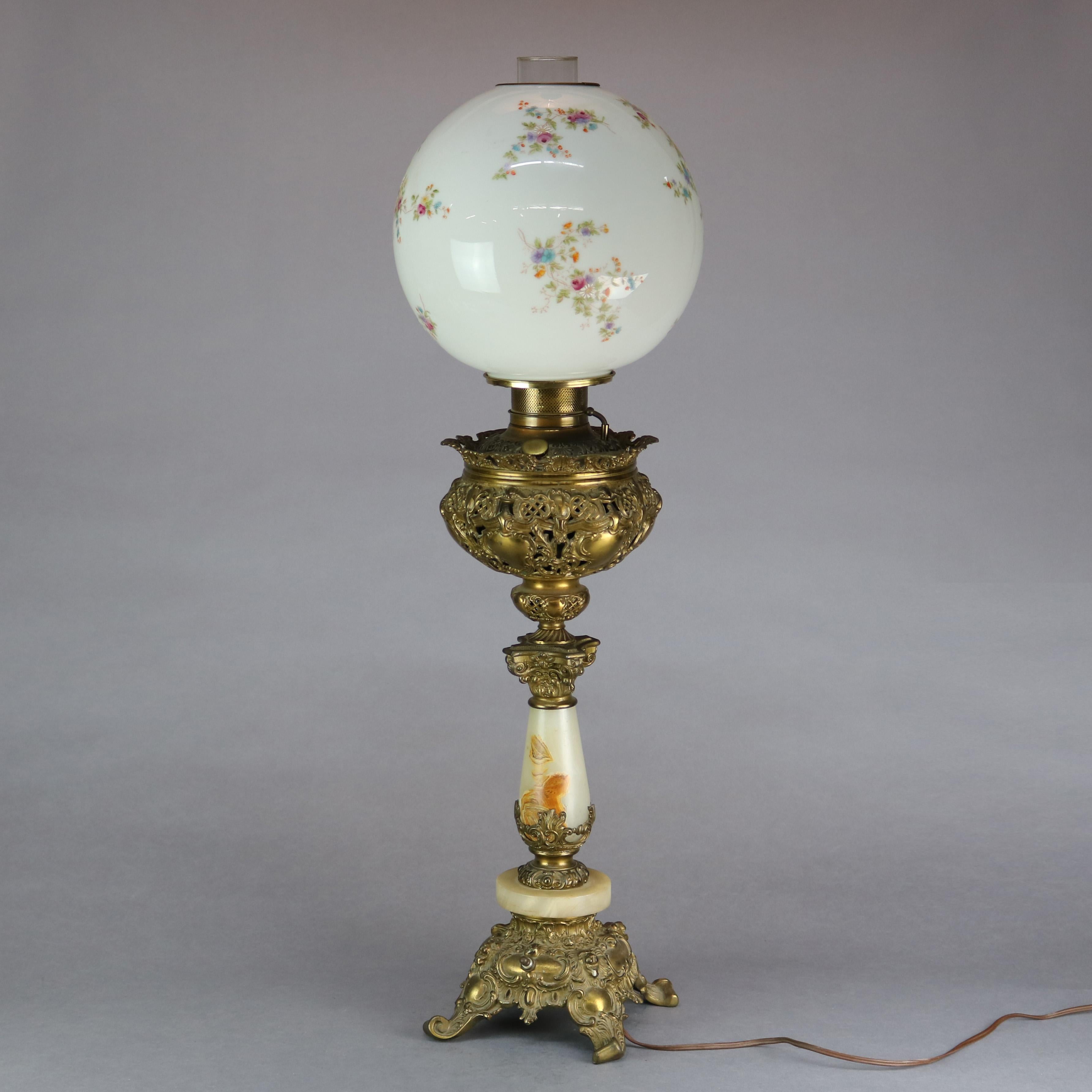 Antique Victorian Rococo Gilt & Onyx Parlor Lamp with Hand Painted Shade, c1890 2