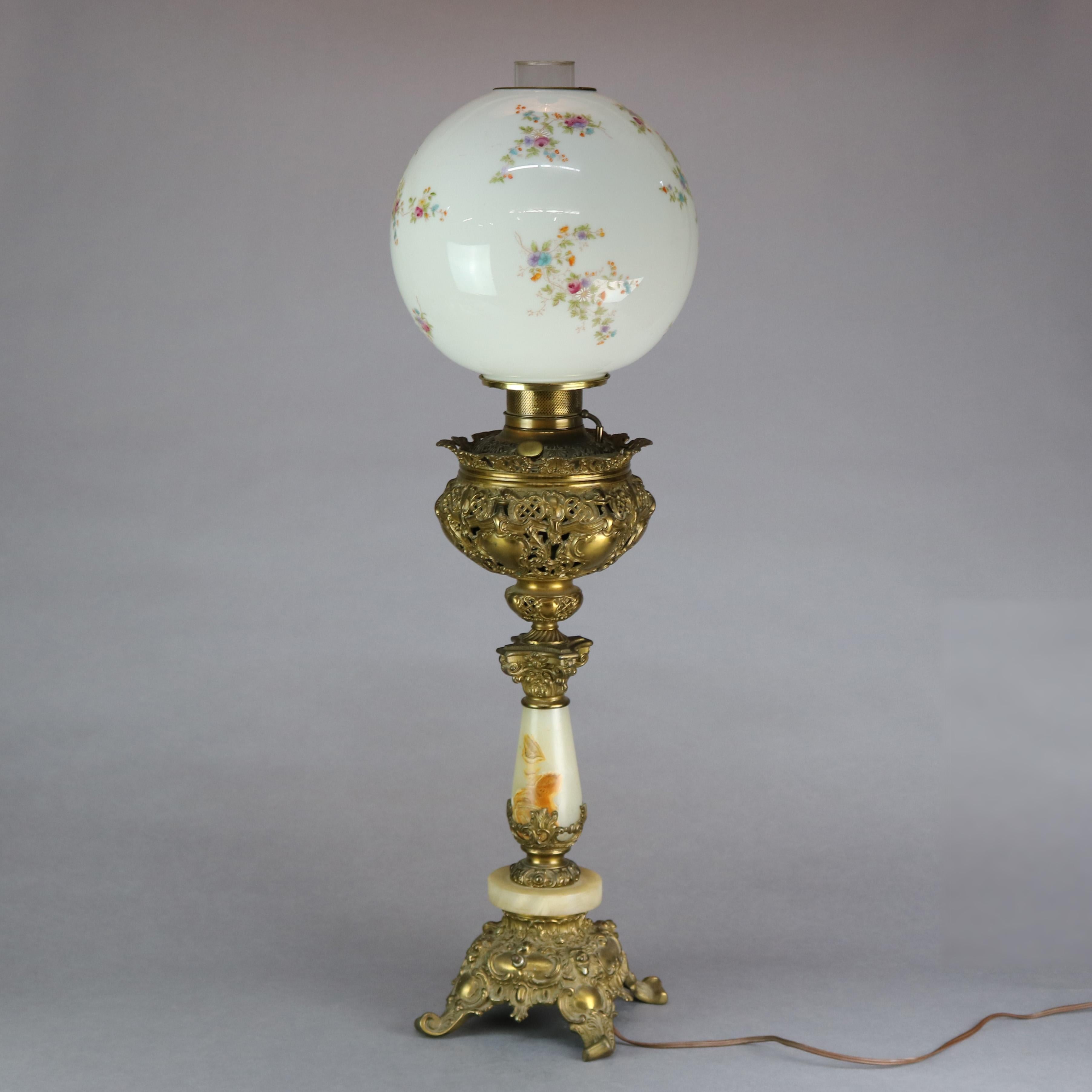 Antique Victorian Rococo Gilt & Onyx Parlor Lamp with Hand Painted Shade, c1890 3