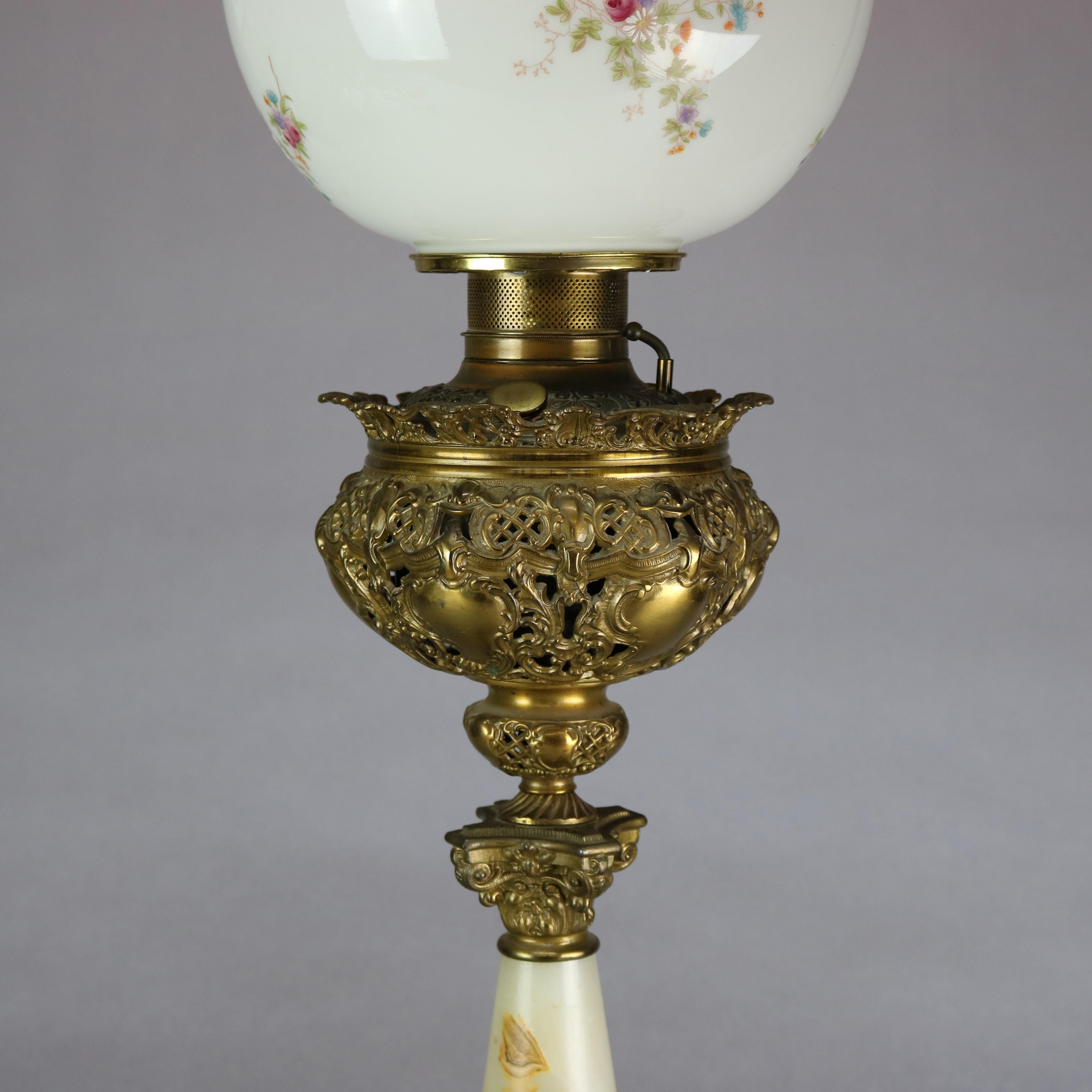 Antique Victorian Rococo Gilt & Onyx Parlor Lamp with Hand Painted Shade, c1890 In Good Condition In Big Flats, NY