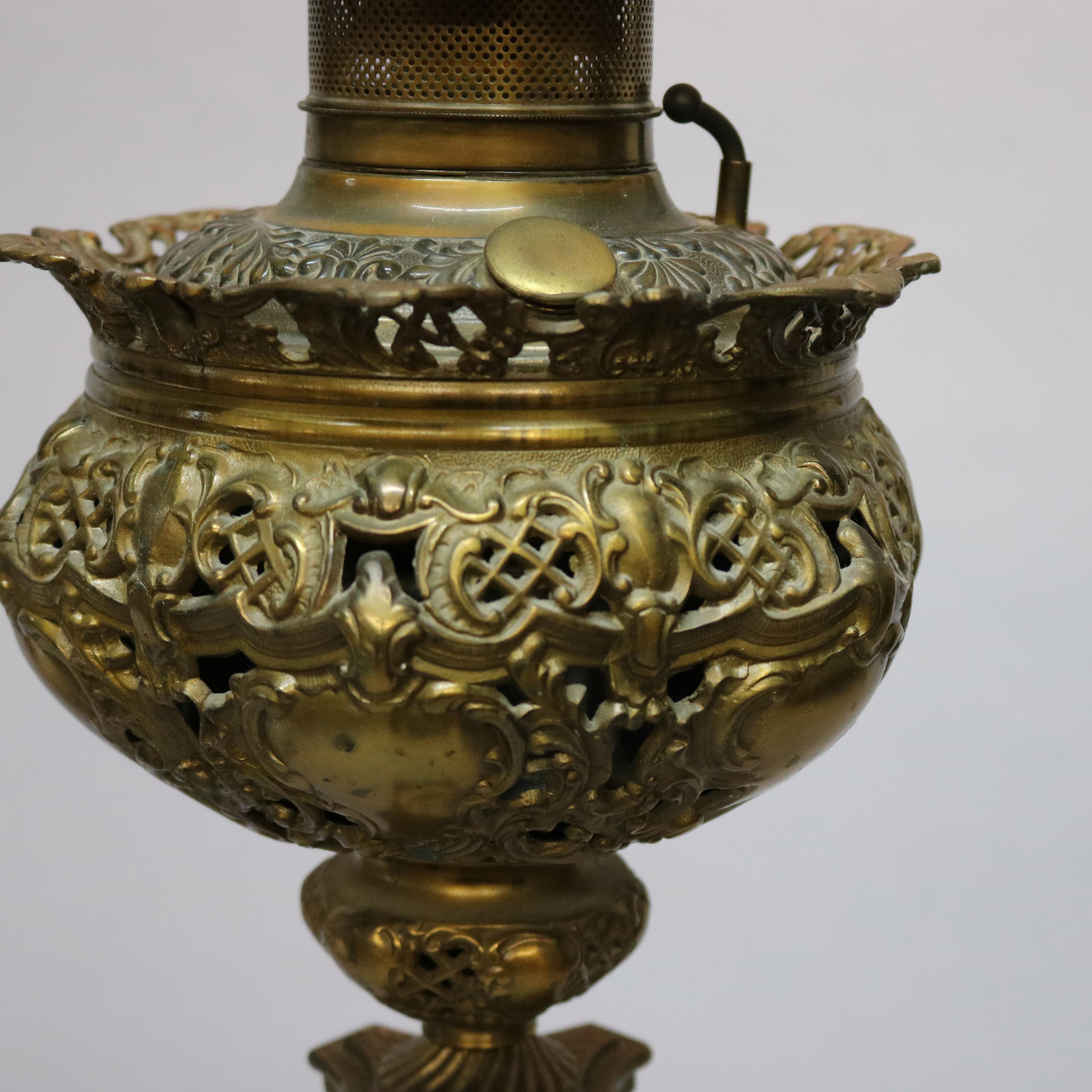 19th Century Antique Victorian Rococo Gilt & Onyx Parlor Lamp with Hand Painted Shade, c1890