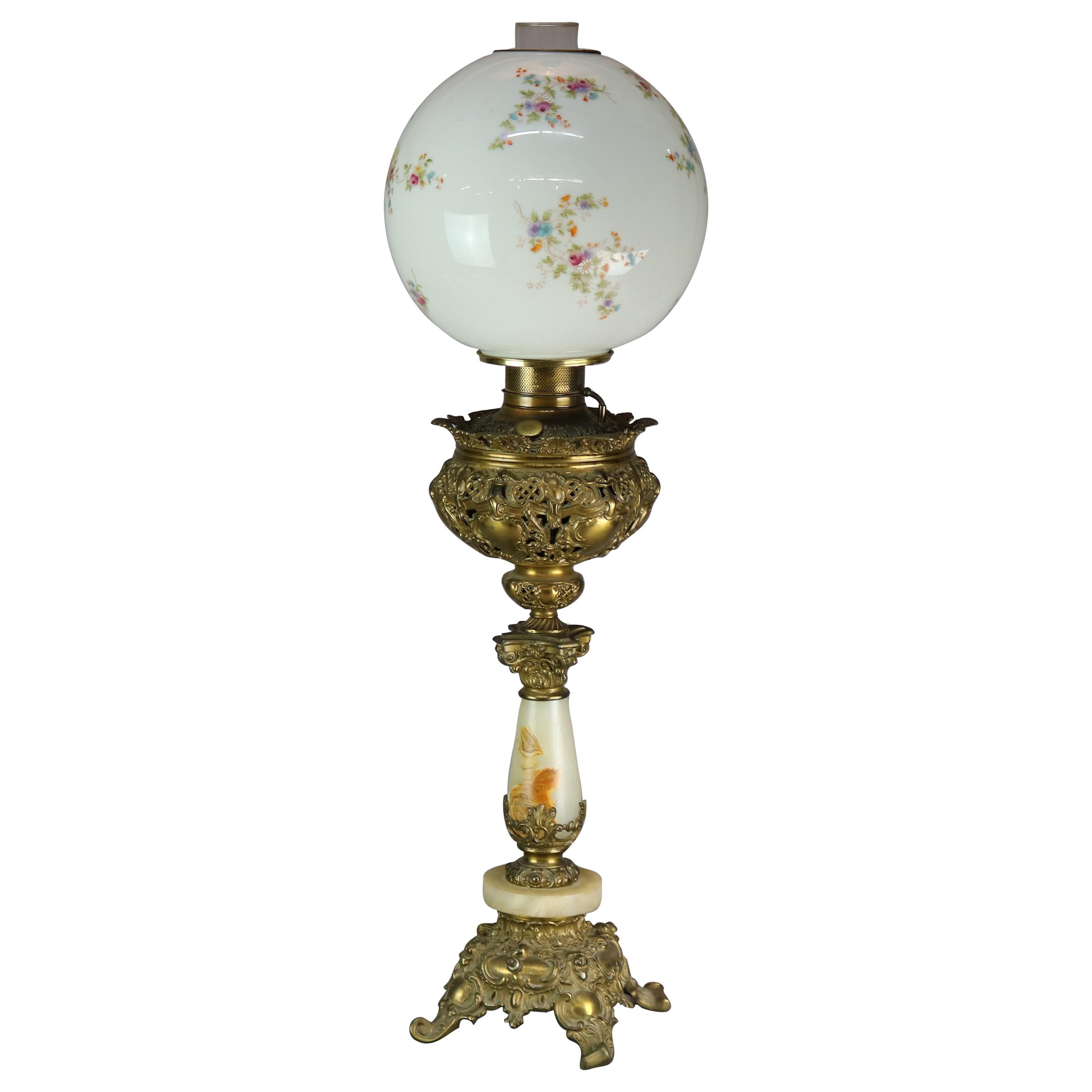 Antique Victorian Rococo Gilt & Onyx Parlor Lamp with Hand Painted Shade, c1890