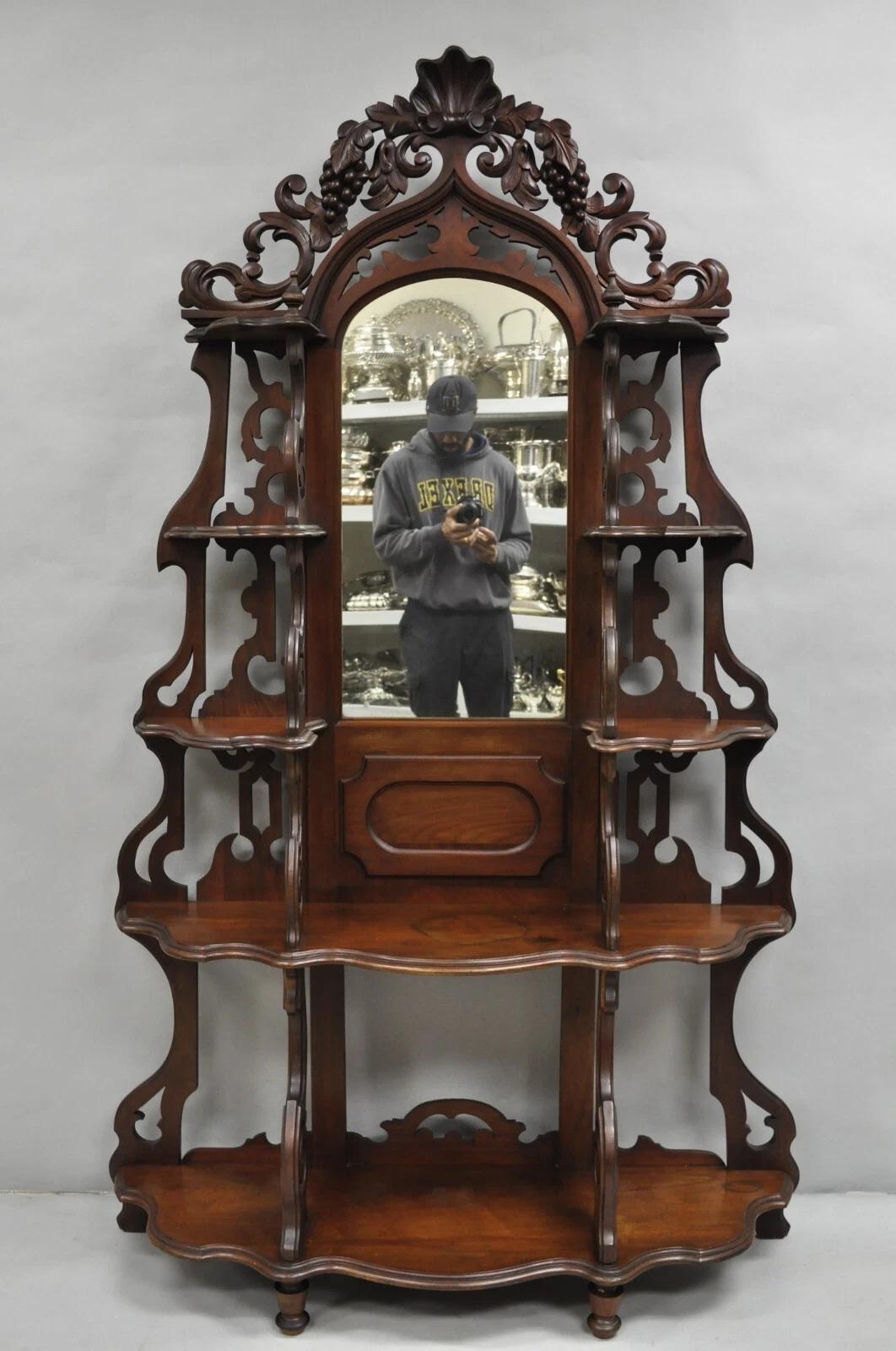 Antique Victorian Rococo Grapevine Carved Walnut Etagere Curio Shelf w/ Mirror For Sale 7