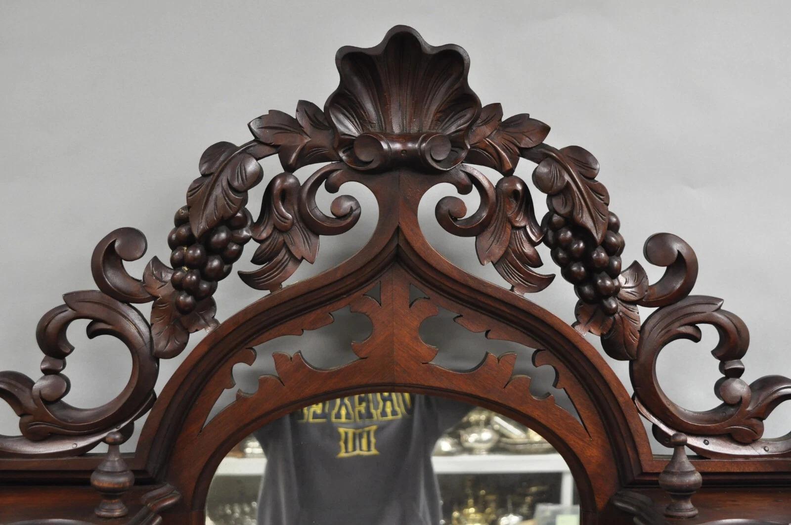 Unknown Antique Victorian Rococo Grapevine Carved Walnut Etagere Curio Shelf w/ Mirror For Sale