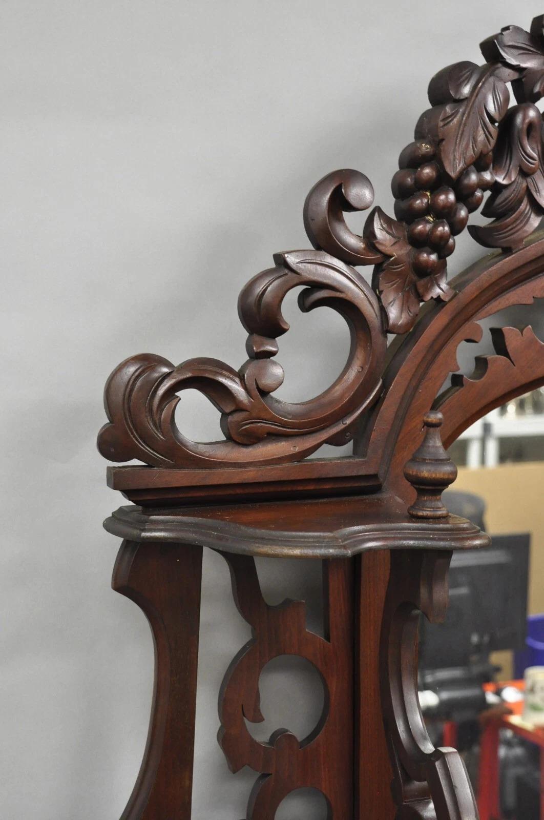 19th Century Antique Victorian Rococo Grapevine Carved Walnut Etagere Curio Shelf w/ Mirror For Sale