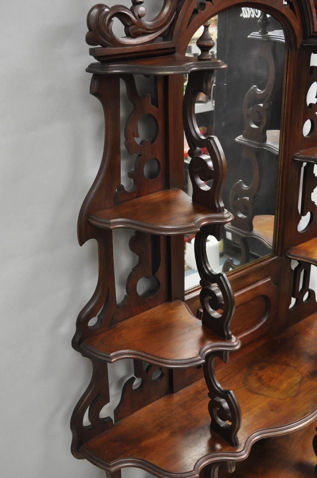 Antique Victorian Rococo Grapevine Carved Walnut Etagere Curio Shelf w/ Mirror For Sale 1
