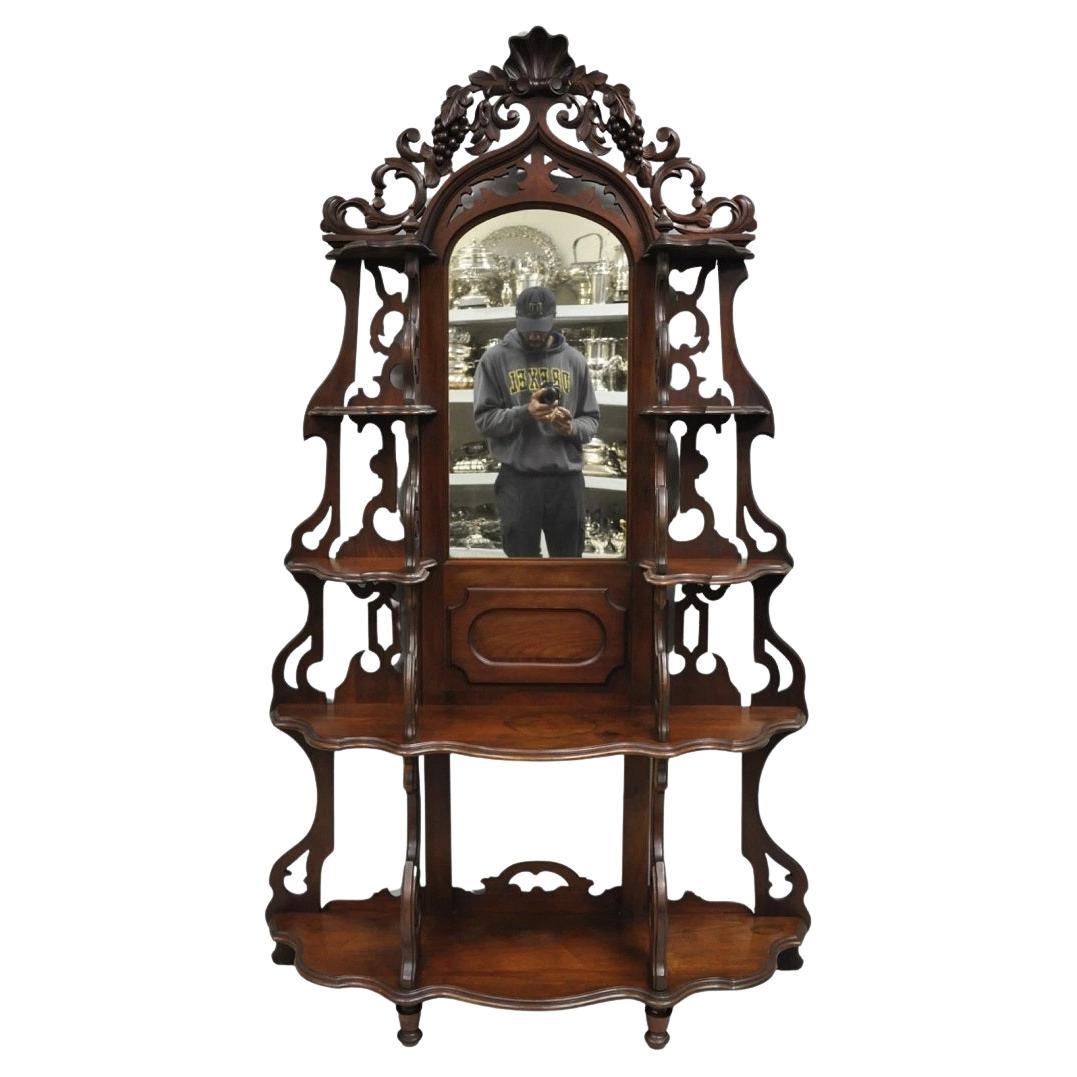 Antique Victorian Rococò Grapevine Carved Walnut Etagere Shelf w/ Mirror