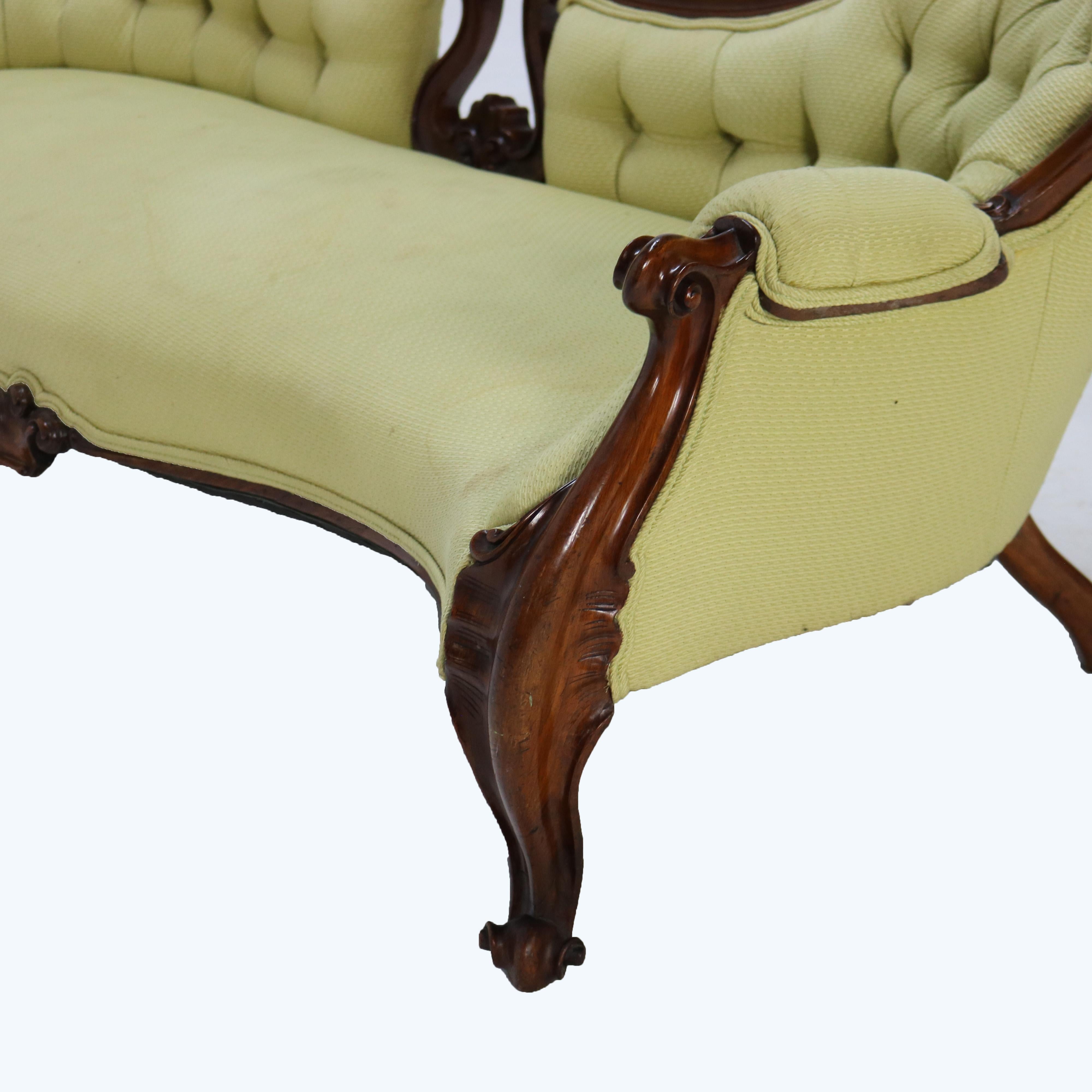 Antique Victorian Rococo Revival Carved Walnut Button-Back Sofa C1880 For Sale 5