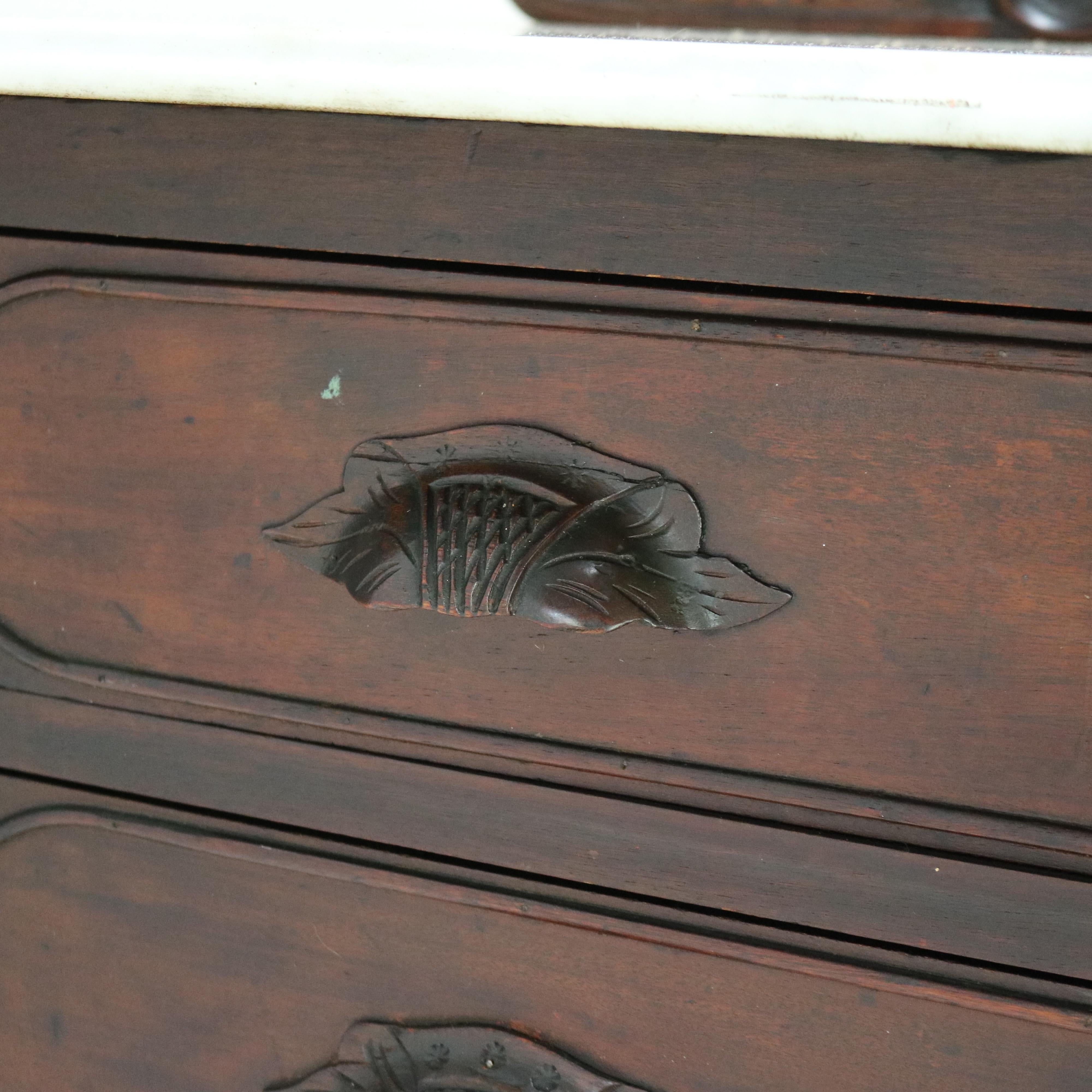Antique Victorian Rococo Revival Walnut Marble Top Four-Drawer Dresser For Sale 6